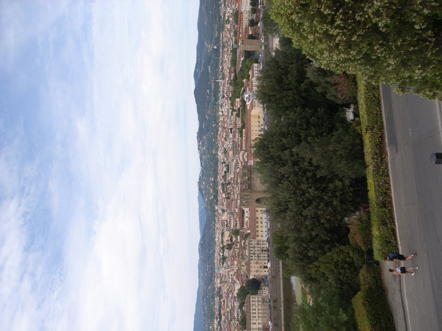 Vista panoramica di una città con vegetazione e colline in lontananza