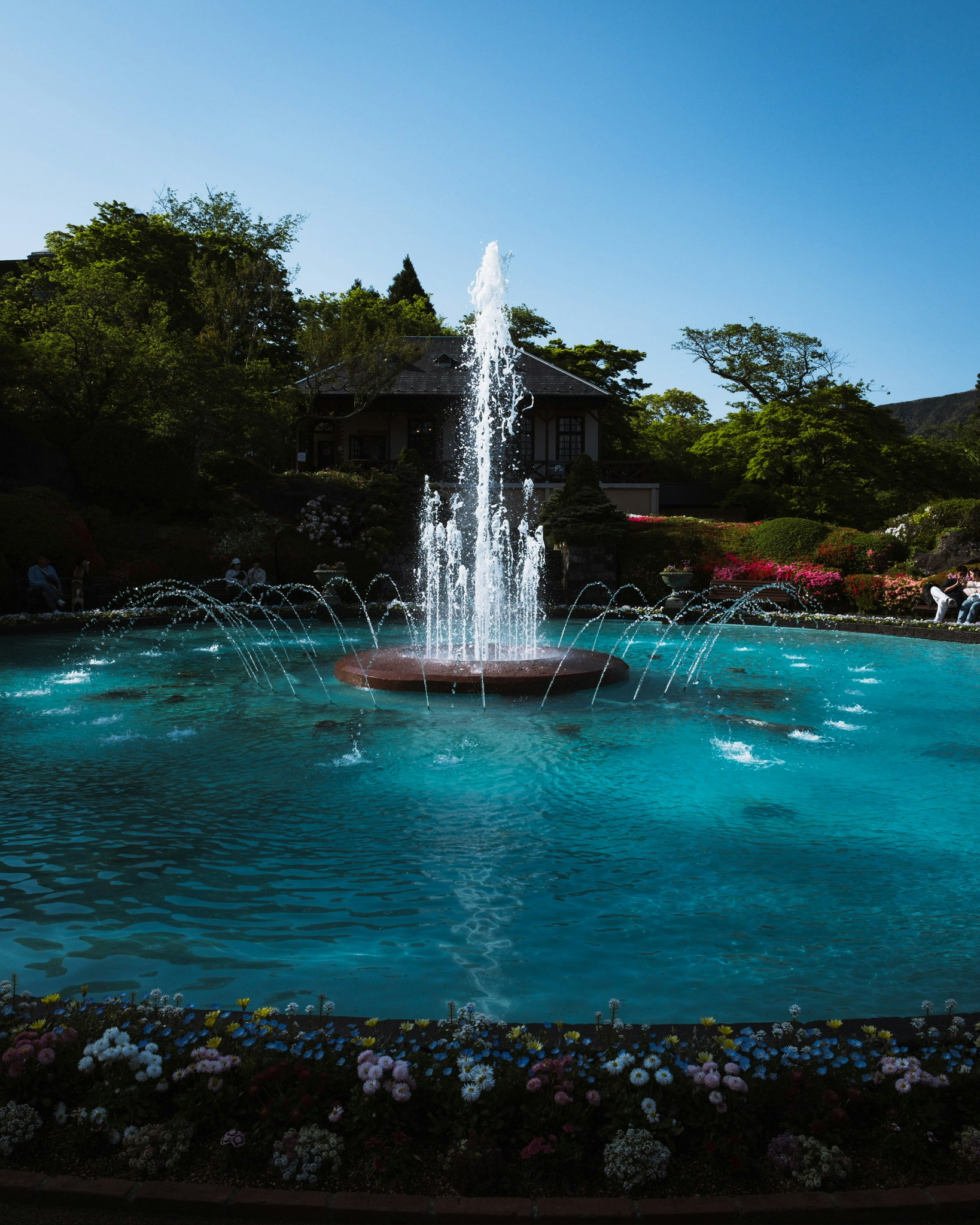 pemandangan taman dengan air mancur dan kolam air kebiruan