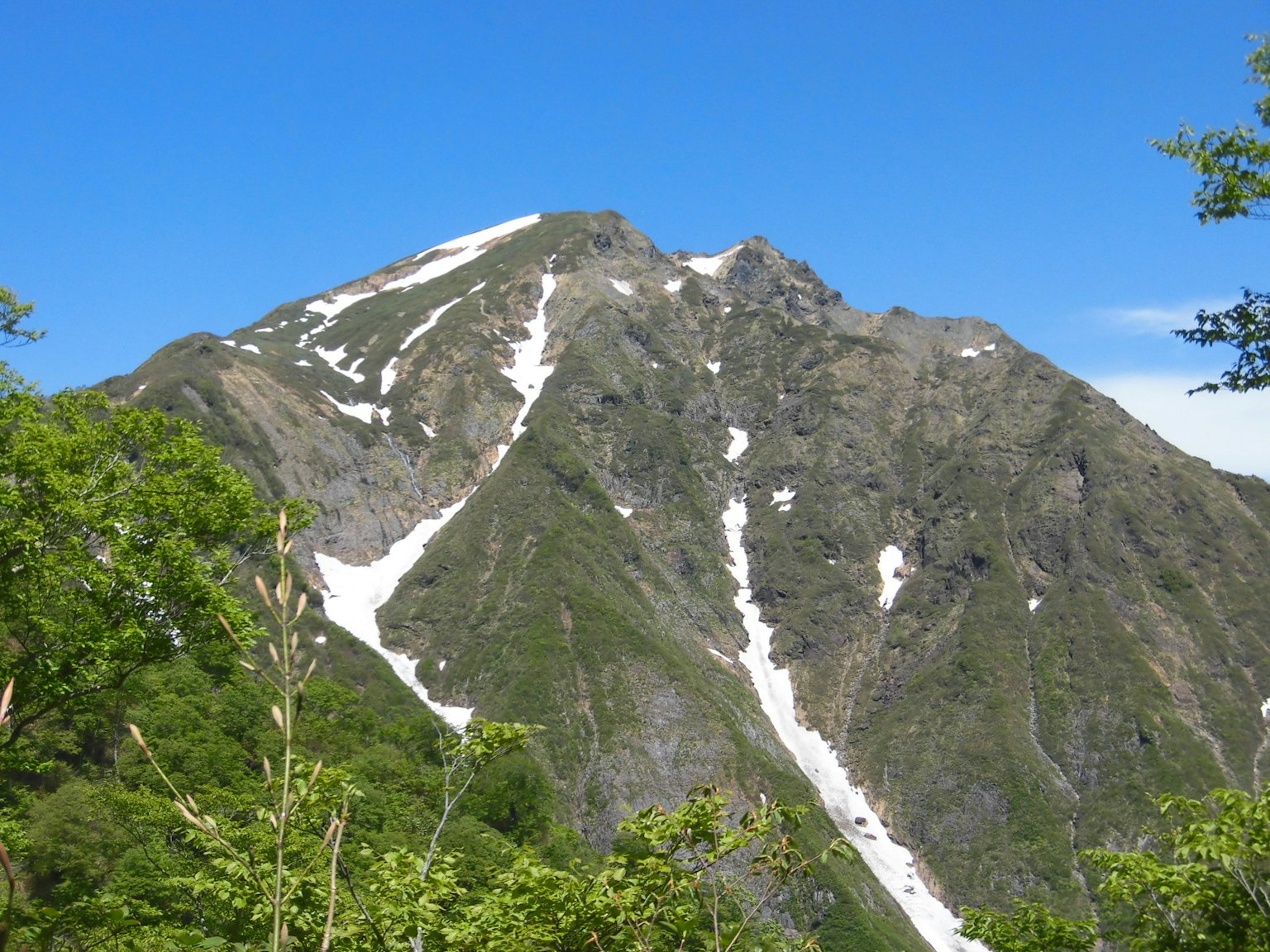 Berglandschaft mit Schneeresten umgeben von grünen Bäumen