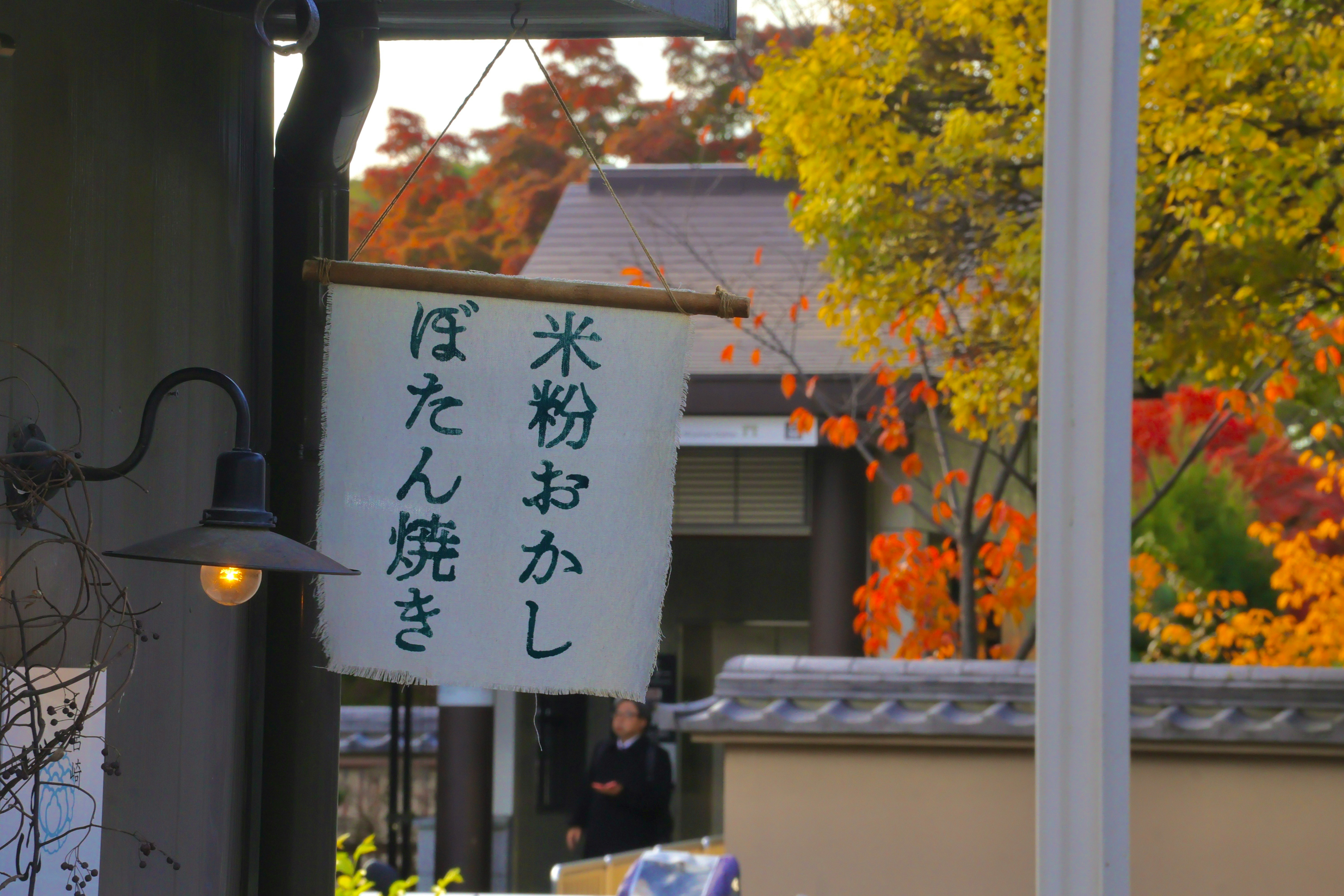 紅葉の並ぶ路地の店先にかかる暖簾と看板
