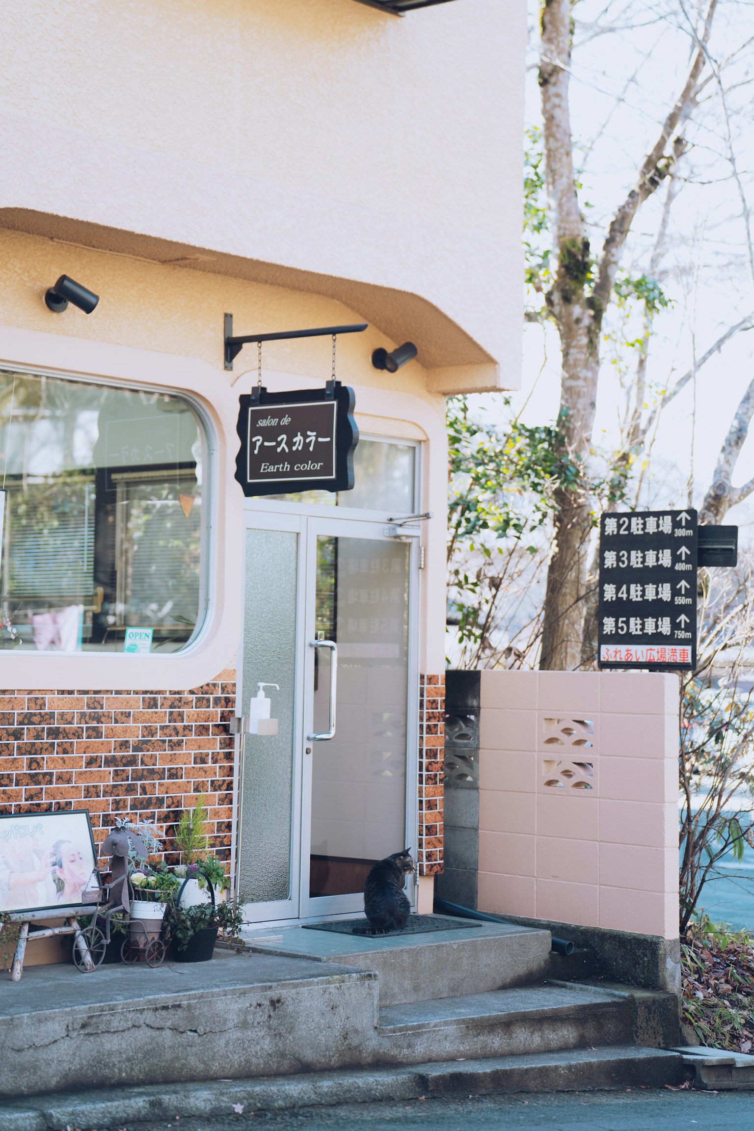 Charming café exterior with a sign and plants