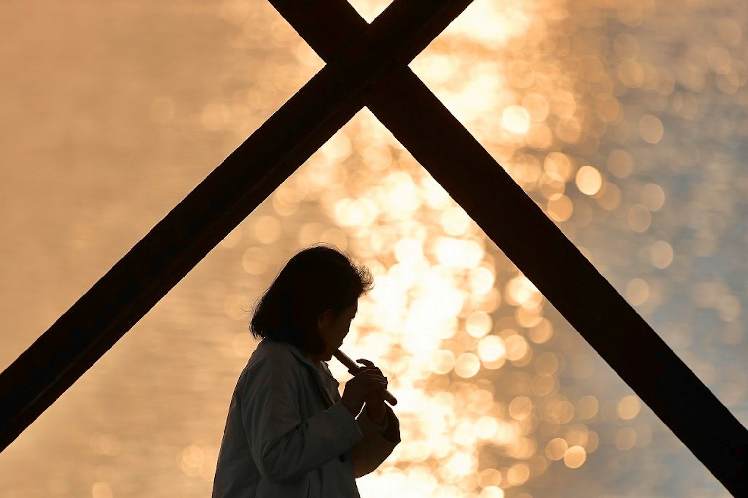 Silhouette d'une femme jouant d'un instrument sur fond de reflets scintillants de l'eau