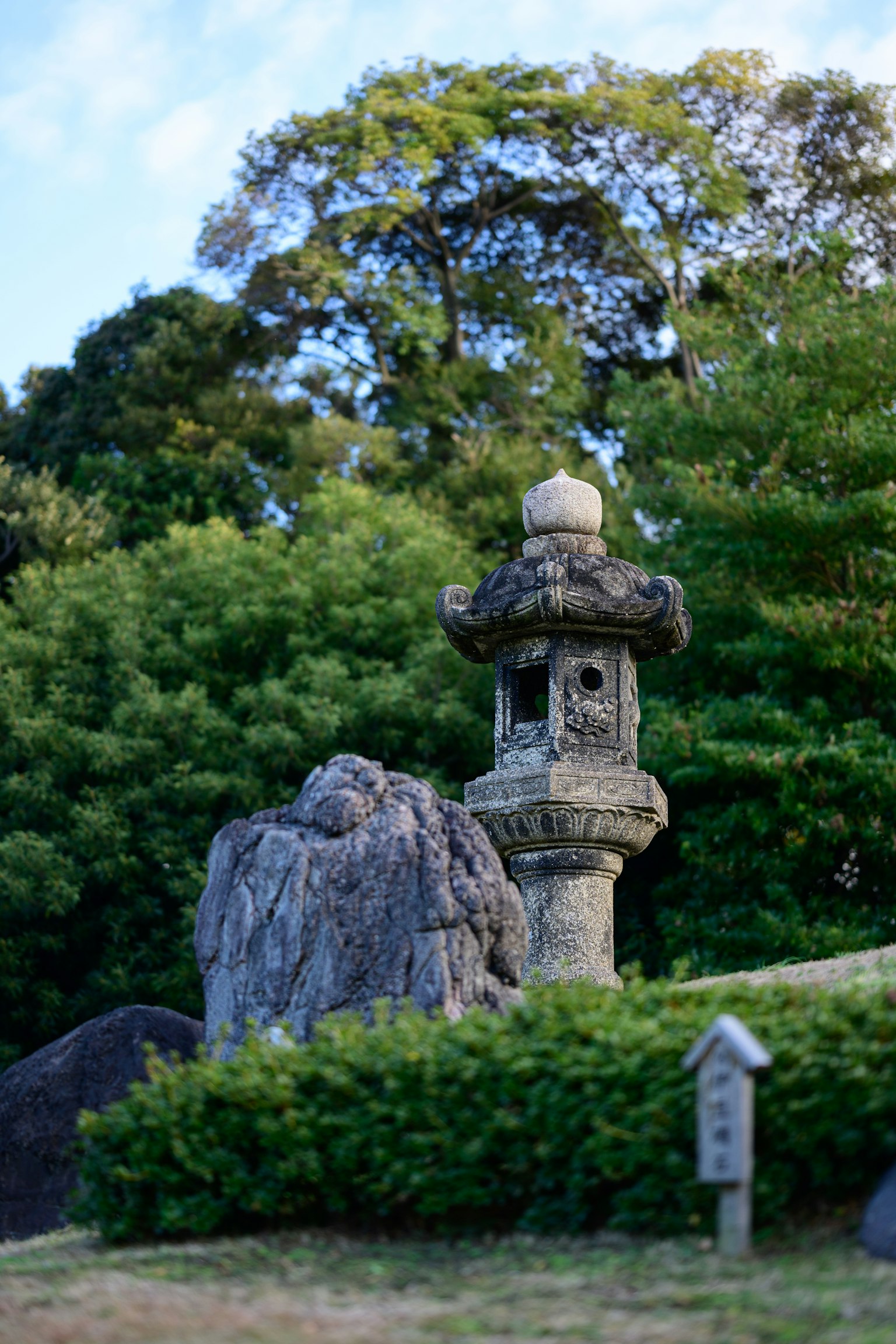 Vista di un giardino lussureggiante con una lanterna di pietra e una scultura in roccia