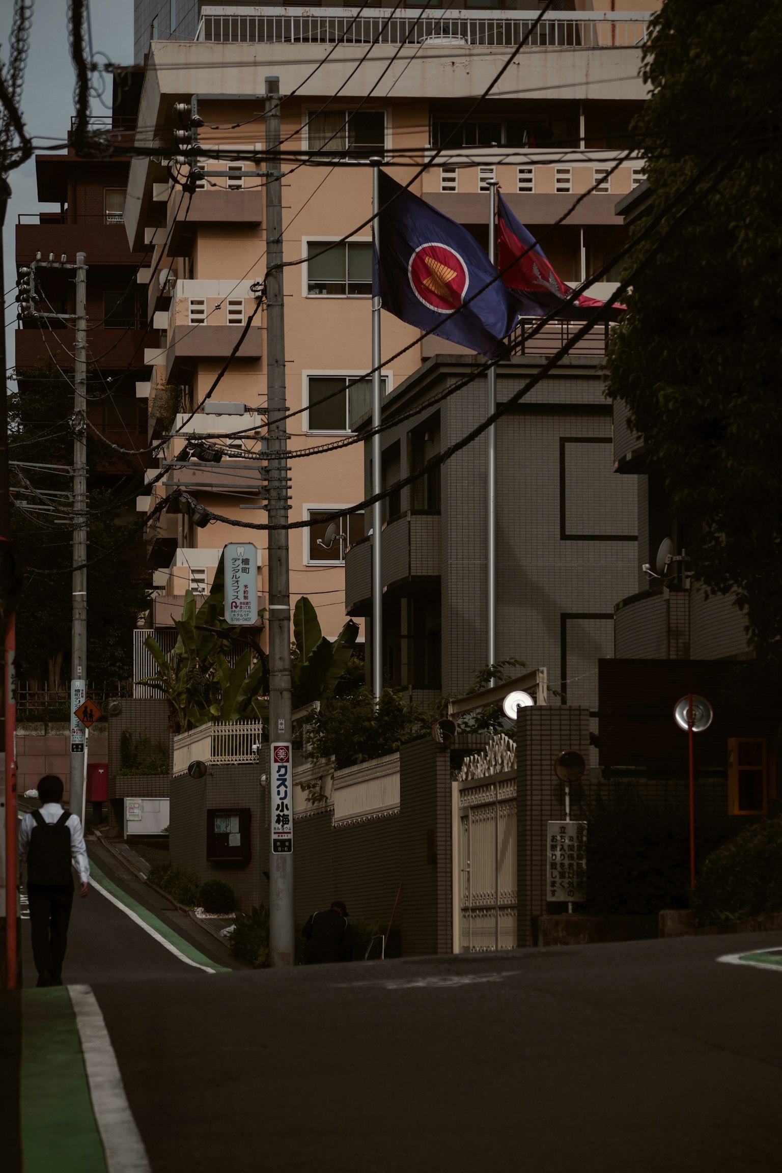 Narrow street with a person walking and flags visible