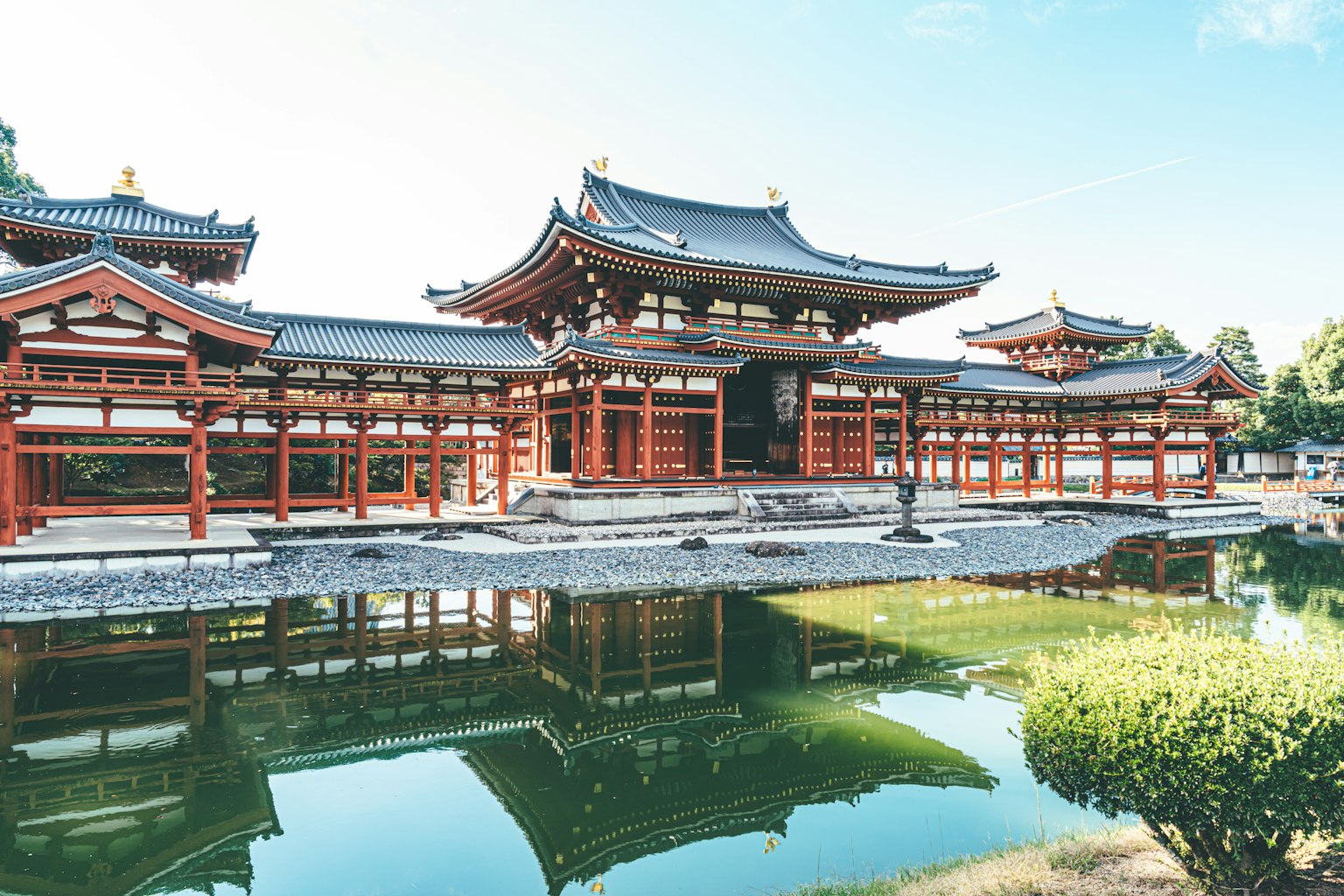 平等院传统日本建筑在宁静的池塘前