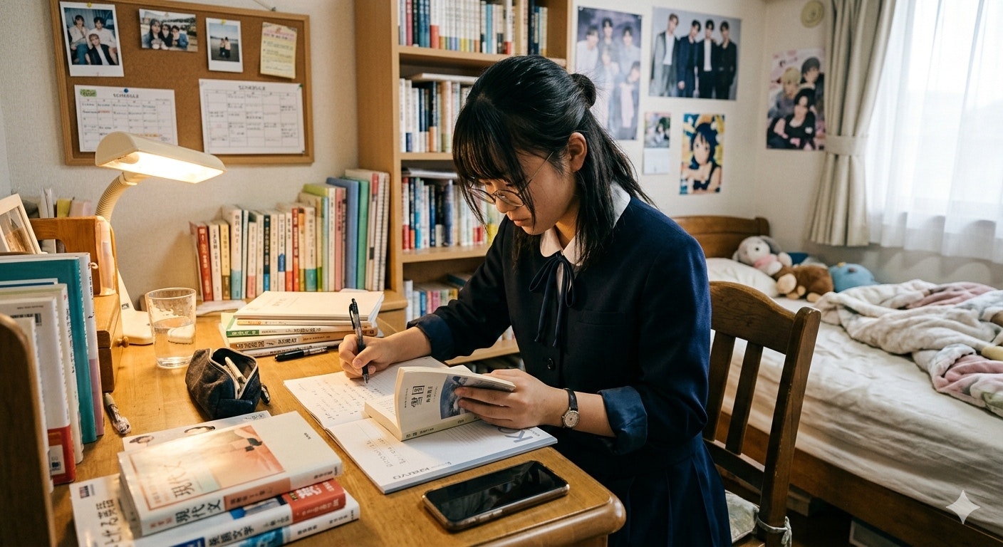donna che studia alla scrivania nella sua stanza