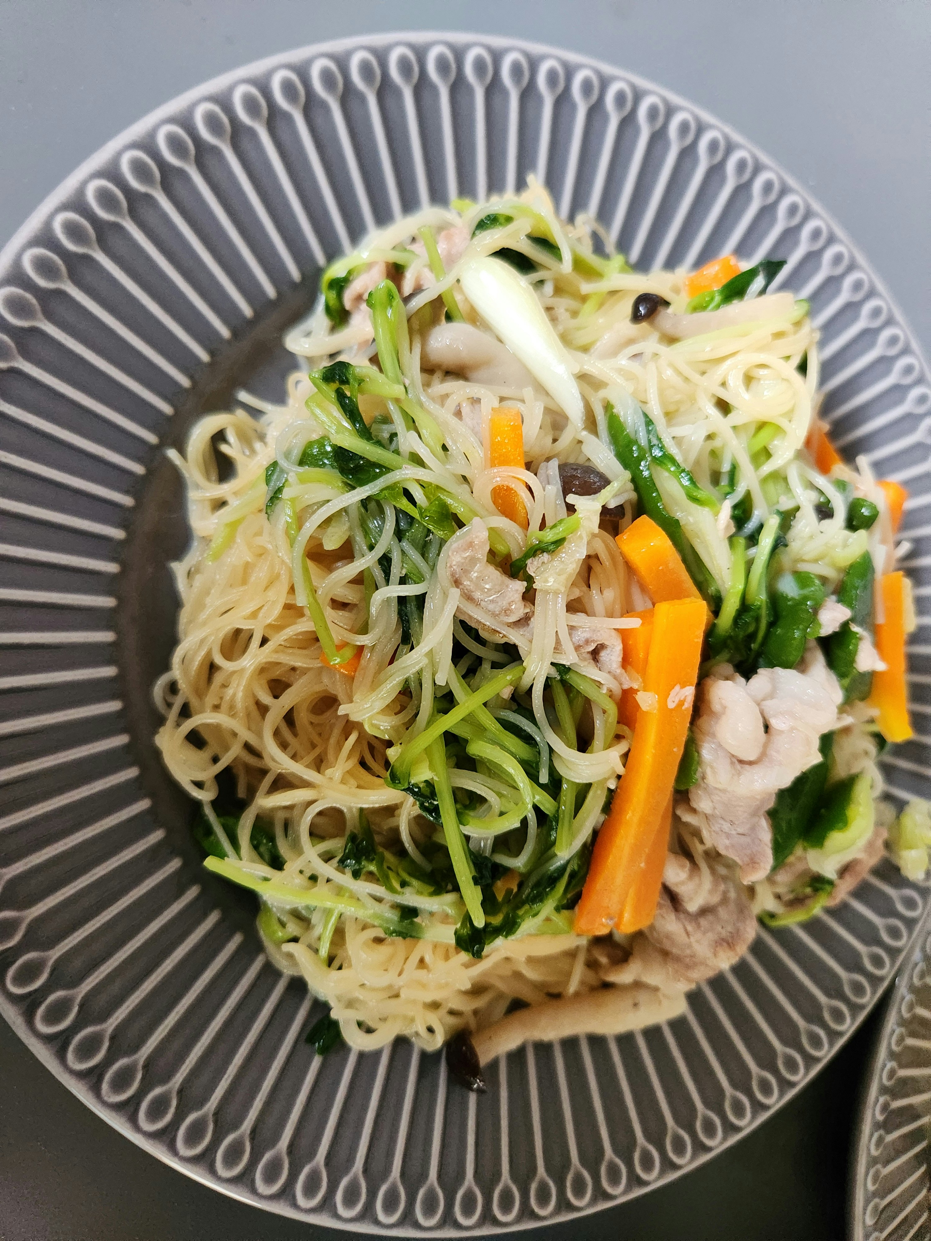 nouilles aux légumes et au porc servies dans une assiette
