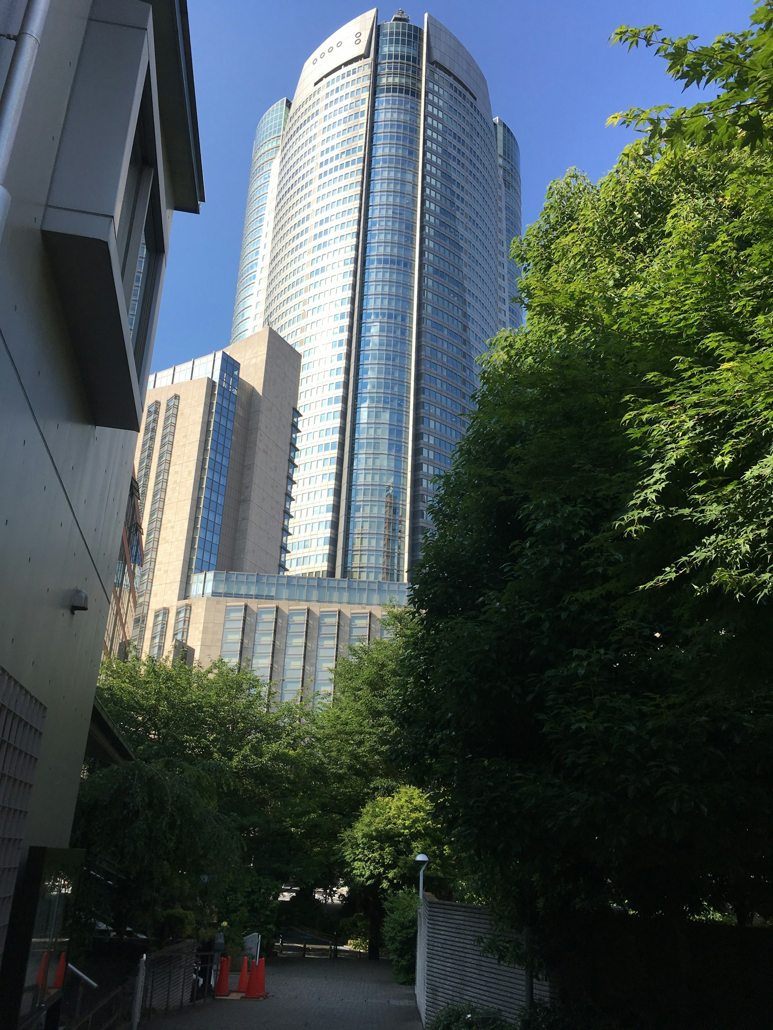 View of a tall skyscraper surrounded by greenery