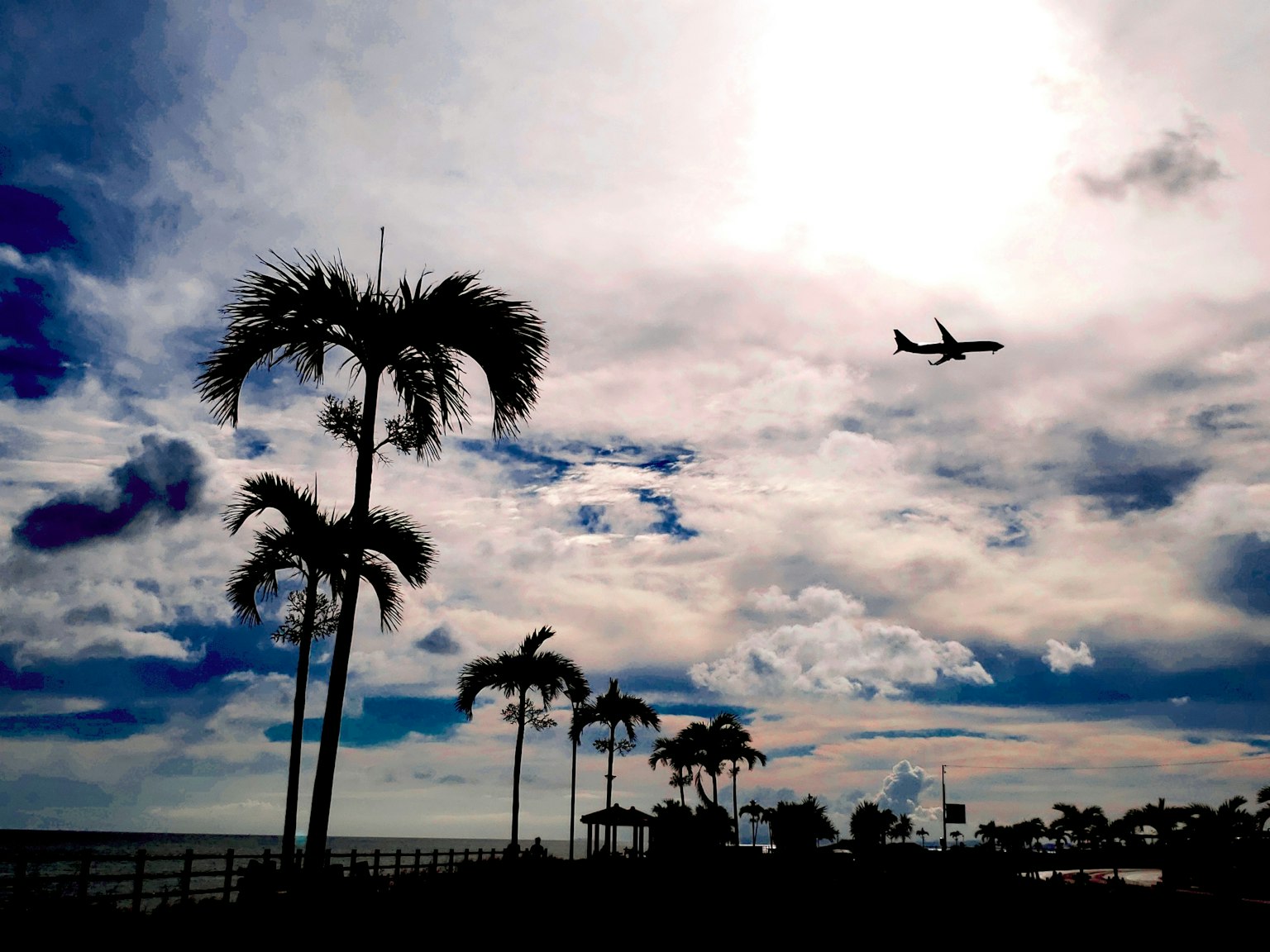Silhouette of palm trees with an airplane flying in a cloudy sky at sunset