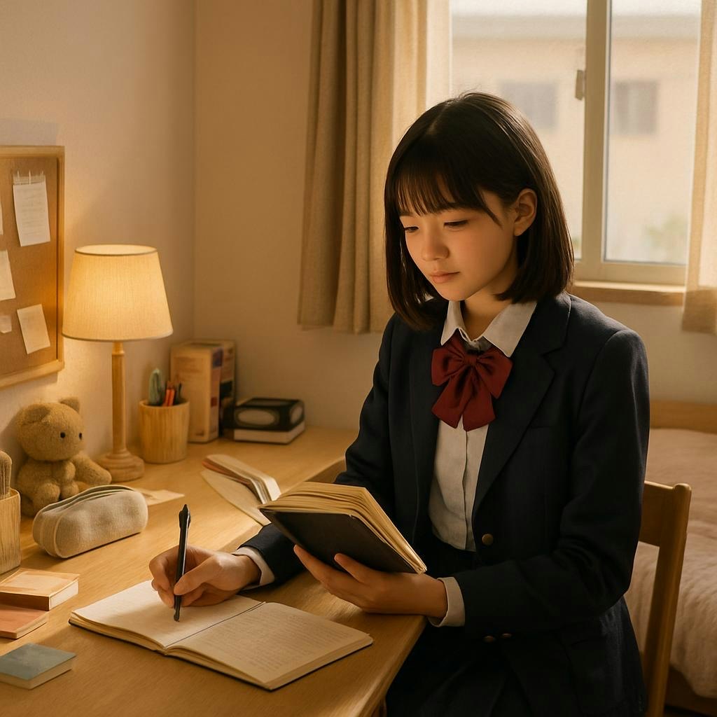 在房间书桌前学习、在笔记本上书写的女孩