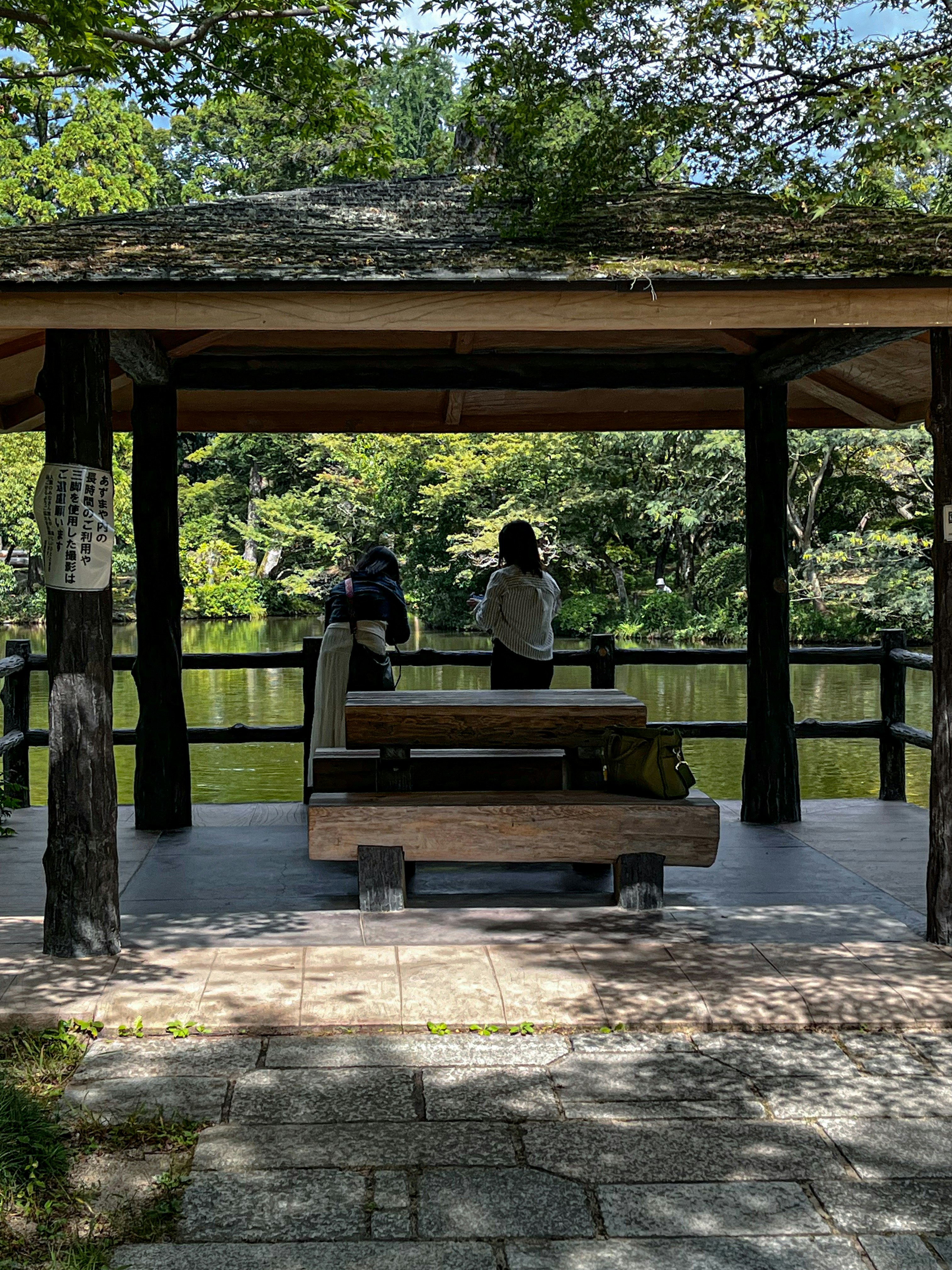 秋の入口の庭園ベンチで休む人々のある木陰の休憩所