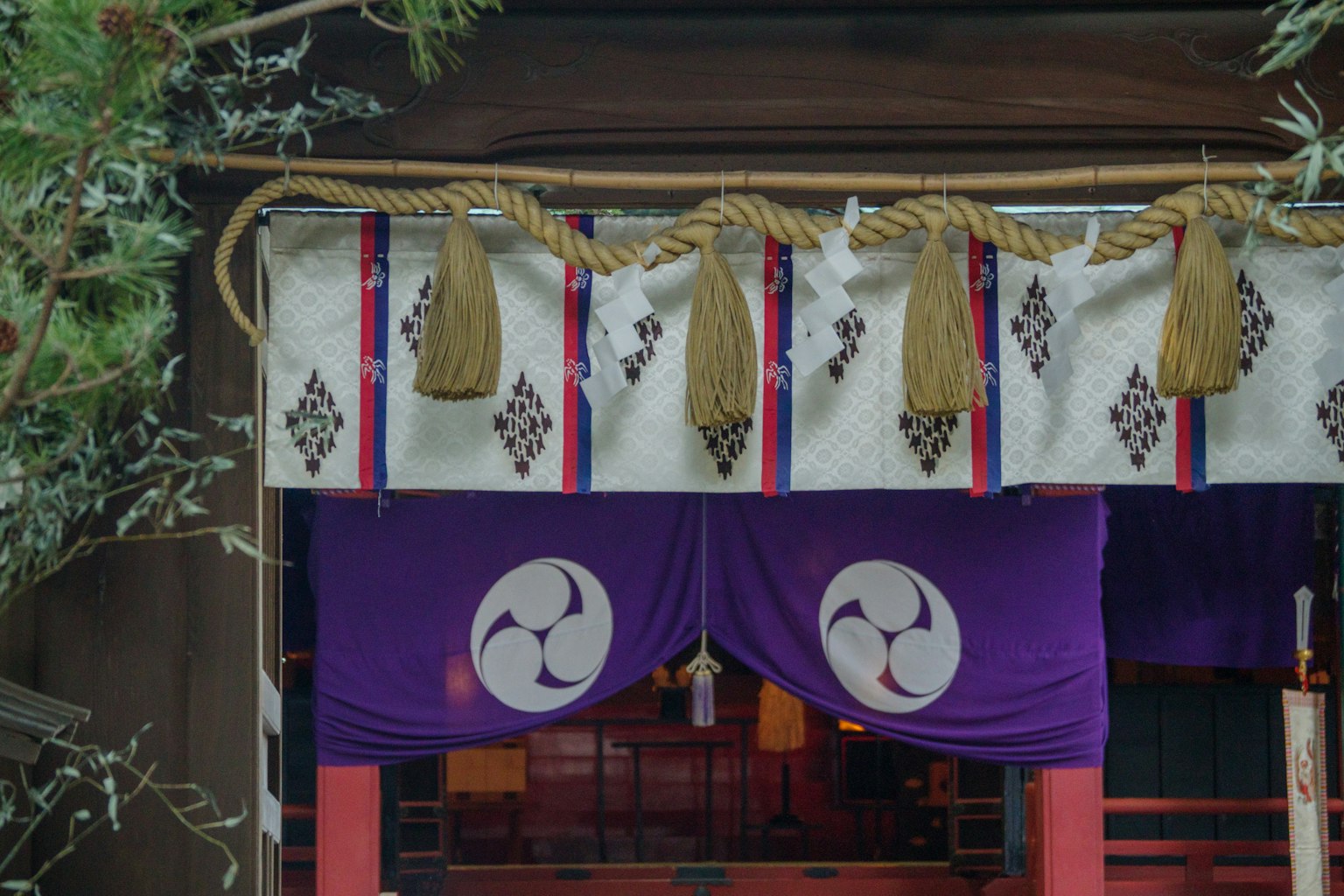 神社入口，紫色窗帘和传统装饰
