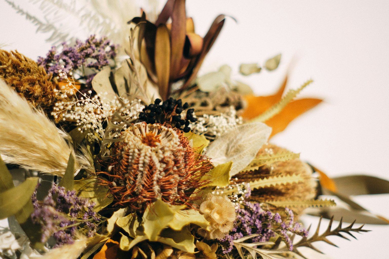 Bouquet de fleurs séchées avec une variété de plantes et de fleurs colorées