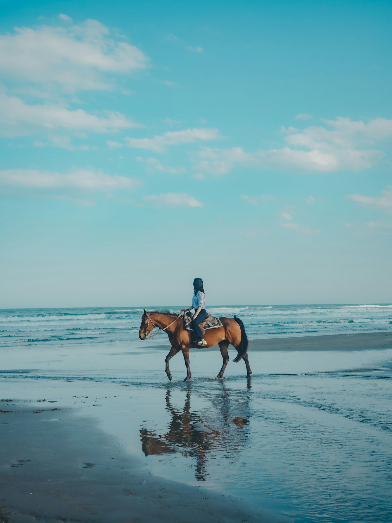 Une personne à cheval sur la plage avec un ciel bleu et des reflets dans l'océan