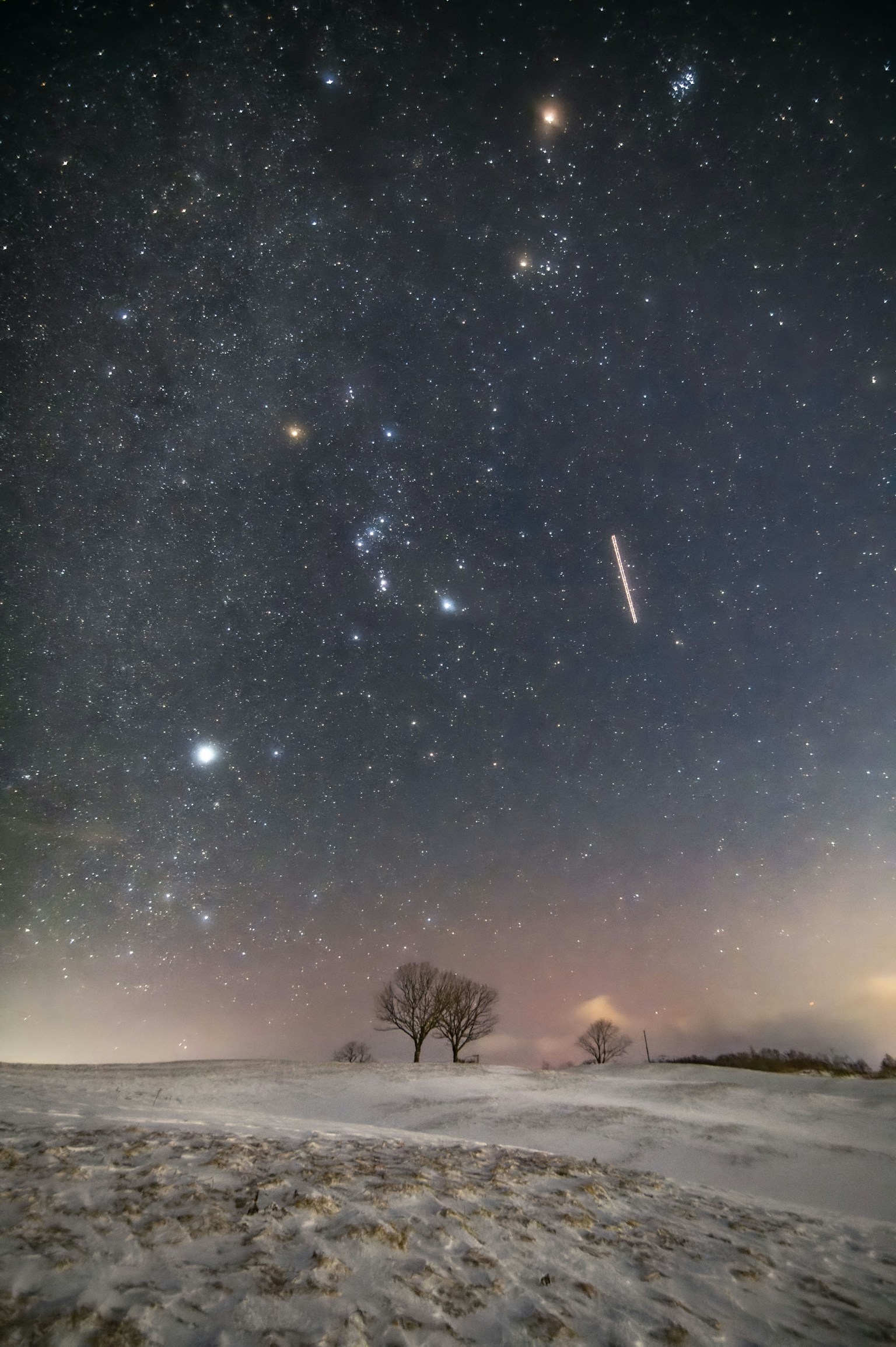 눈 덮인 풍경 아래 별이 빛나는 하늘 밝은 별들과 오리온자리 보임