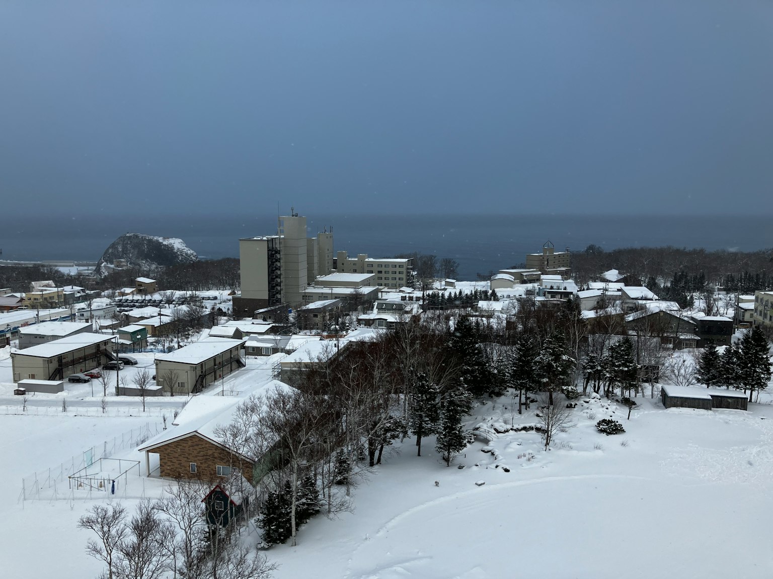 Snow-covered town with a view of the ocean