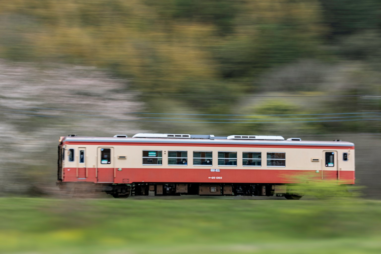 รถไฟย้อนยุคเคลื่อนที่ผ่านภูมิทัศน์สีเขียว