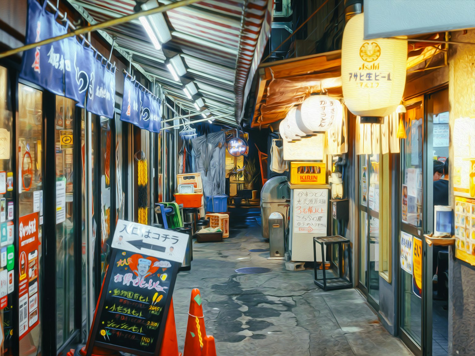 Enge Gasse mit beleuchteten Restaurantschildern und Laternen bei Nacht