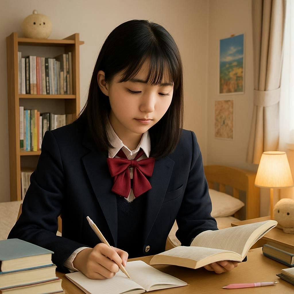 自室で勉強する制服姿の少女がノートに書き込む様子