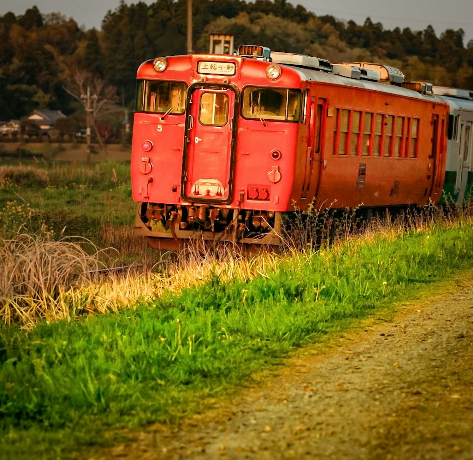 Kereta merah melintas di samping padang rumput
