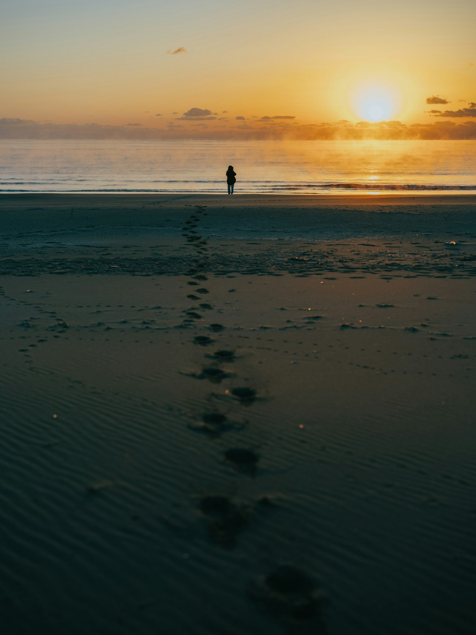 Une personne marchant sur la plage avec des traces de pas menant au coucher de soleil