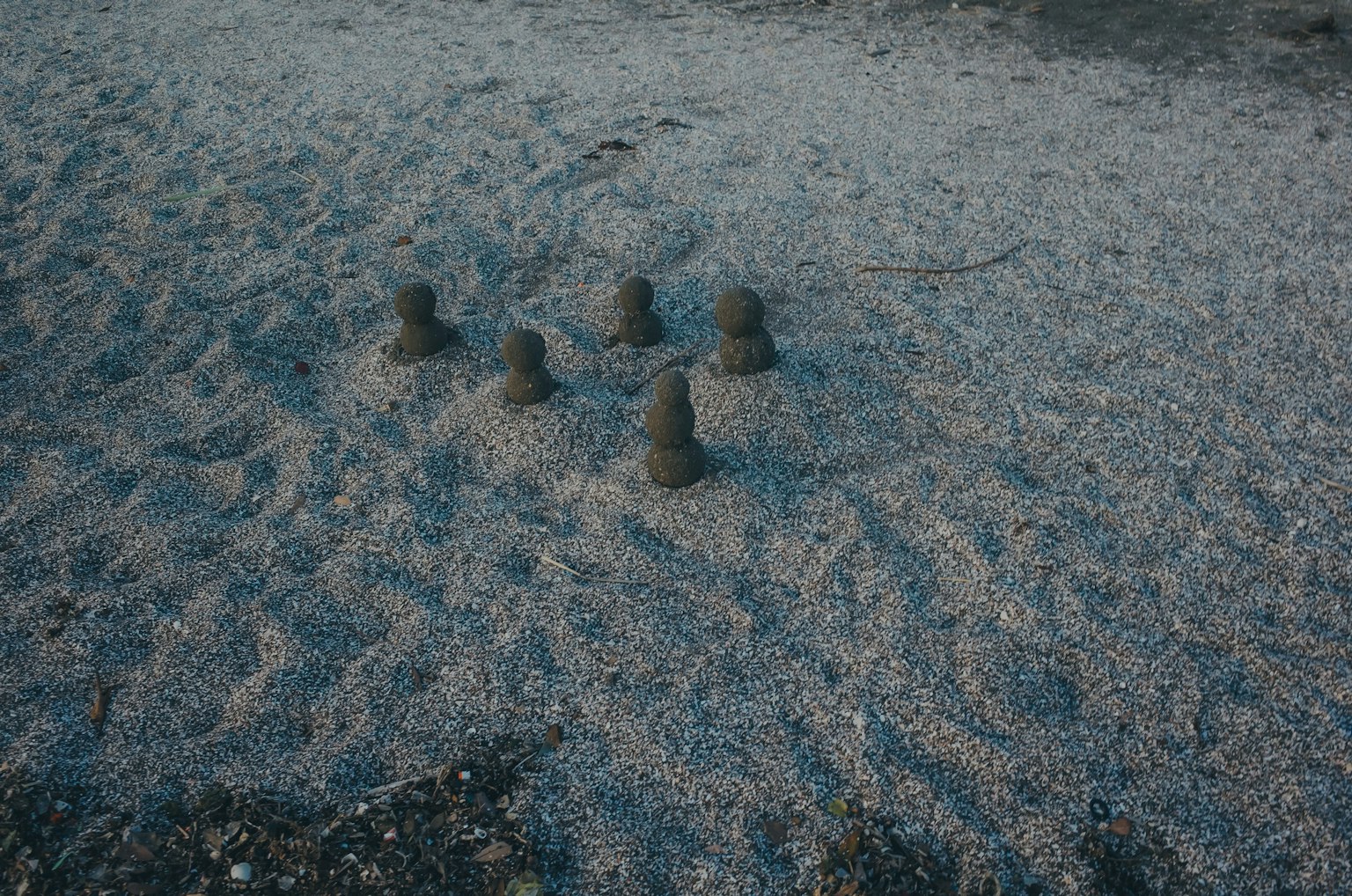海滩上排列的五个小沙丘