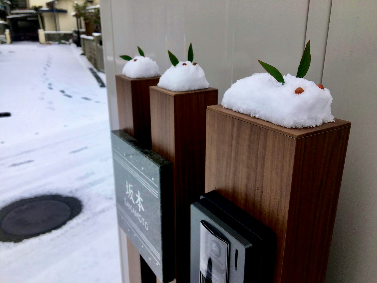 Pali di legno decorati con piccole figure di neve e foglie in un ambiente innevato