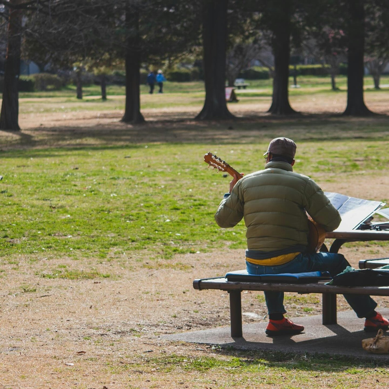 Un homme assis sur un banc de parc tenant un instrument de musique