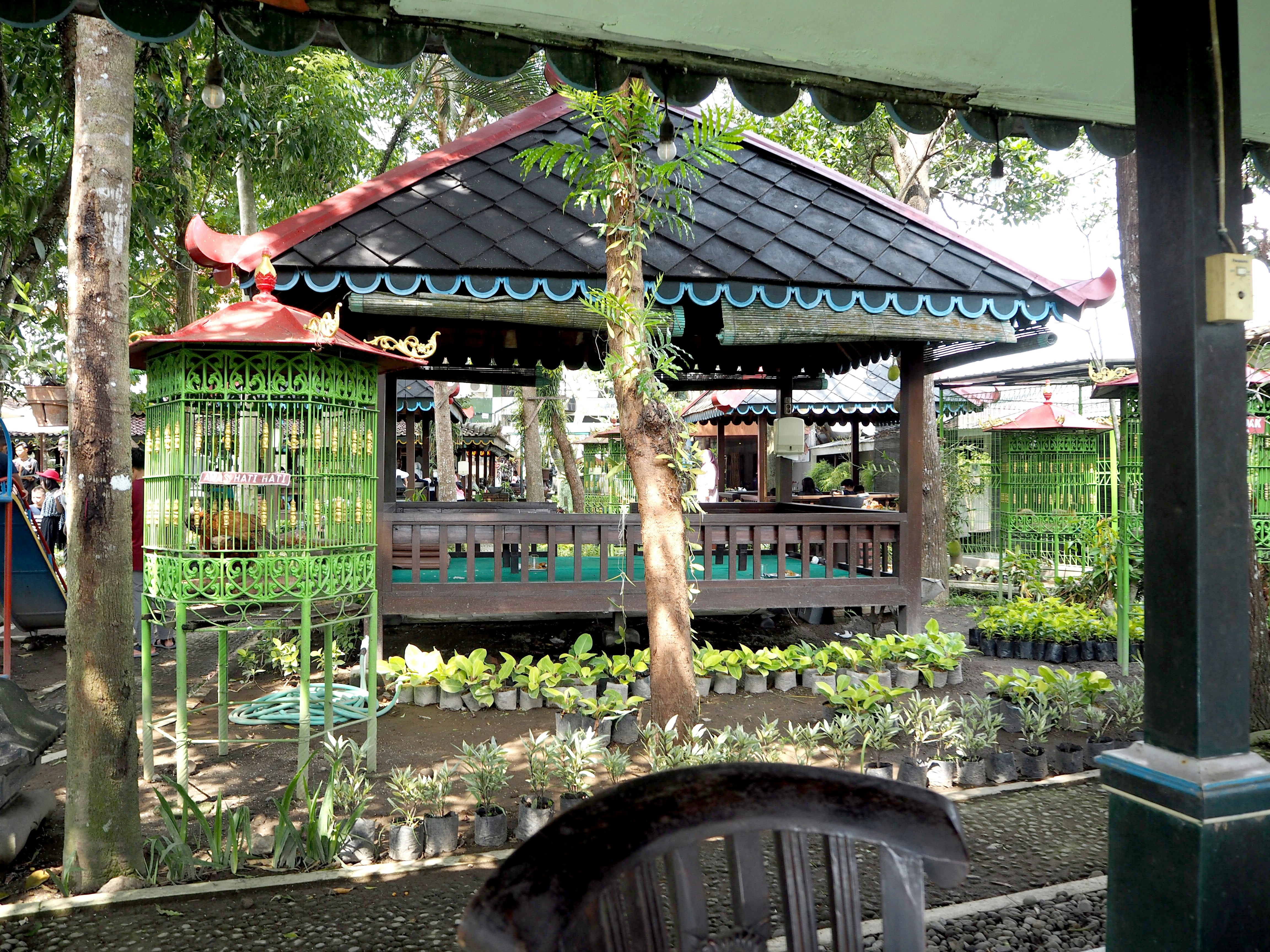 stan beratap dengan kisi hijau dan tanaman pot di sepanjang lorong