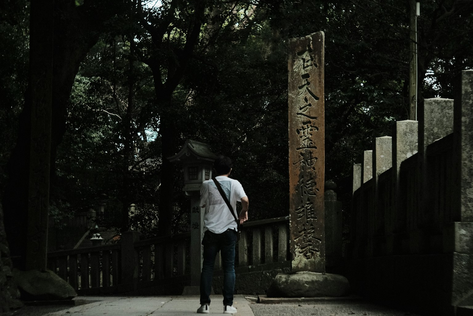 一个人在树木环绕的古老石碑前走