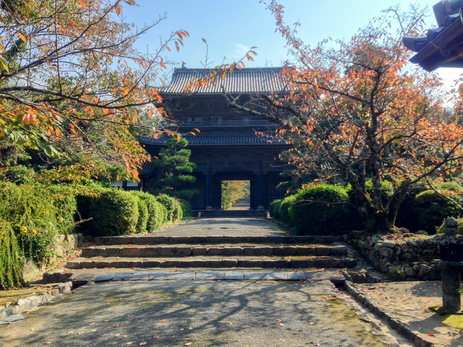 Pintu tradisional di pintu masuk taman Jepang yang indah dengan dedaunan musim gugur