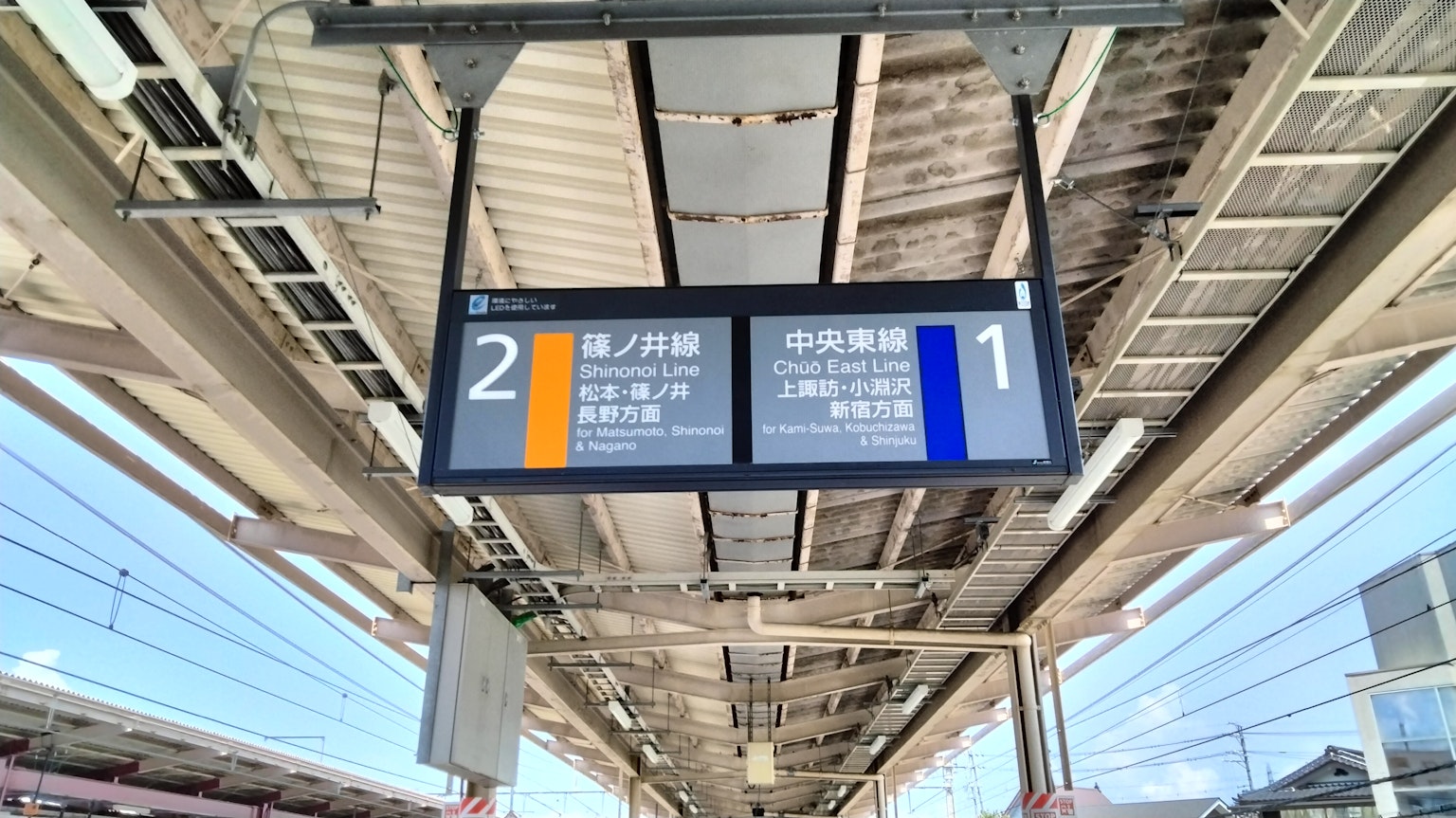 Schild auf der Bahnsteig mit Informationen zu Gleis 1 und 2