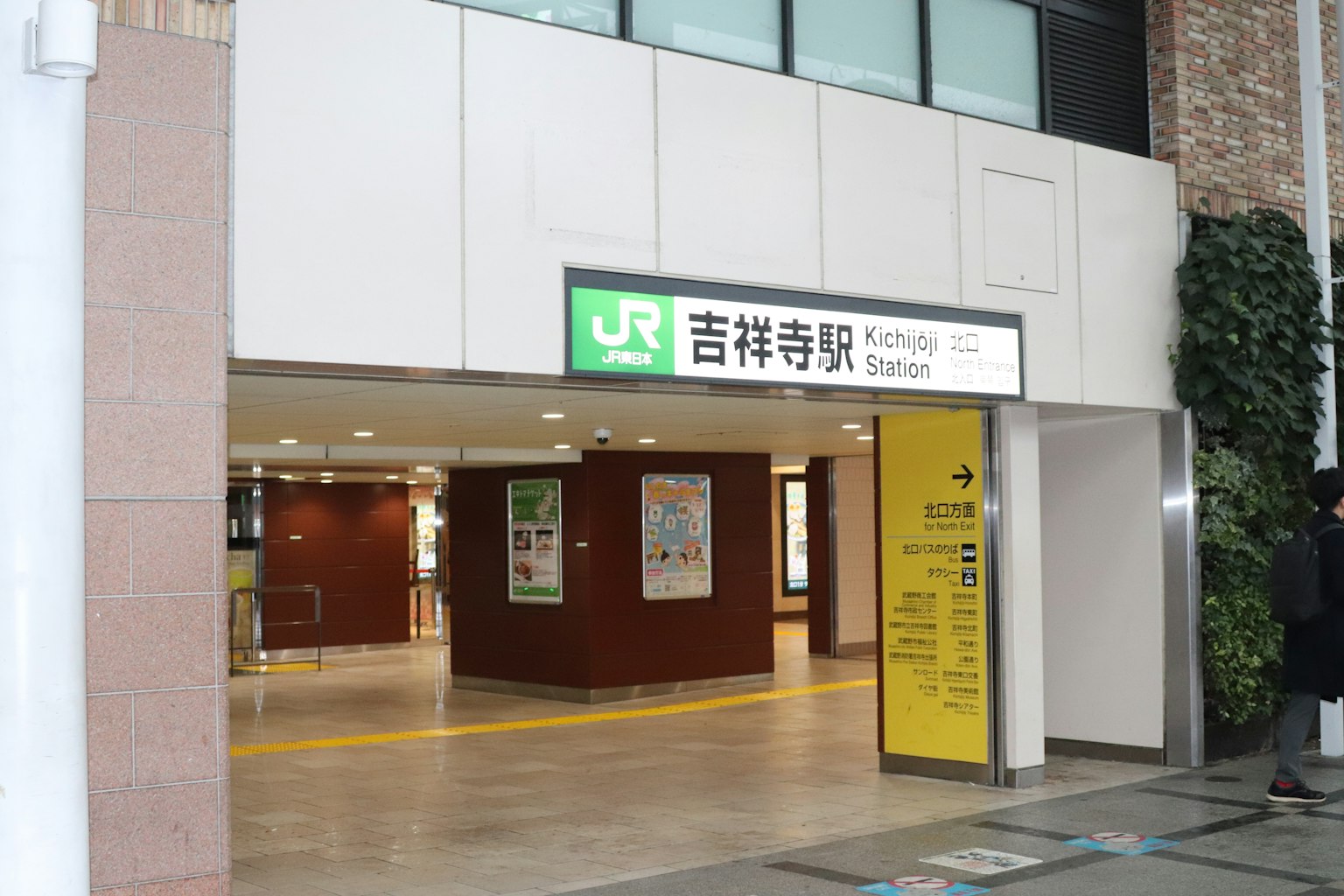 Pintu Stasiun Kichijoji dengan tanda stasiun dan area sekitar