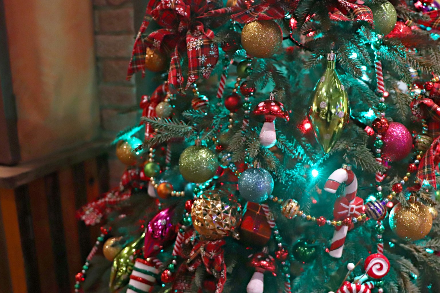 Christmas tree adorned with colorful ornaments and lights