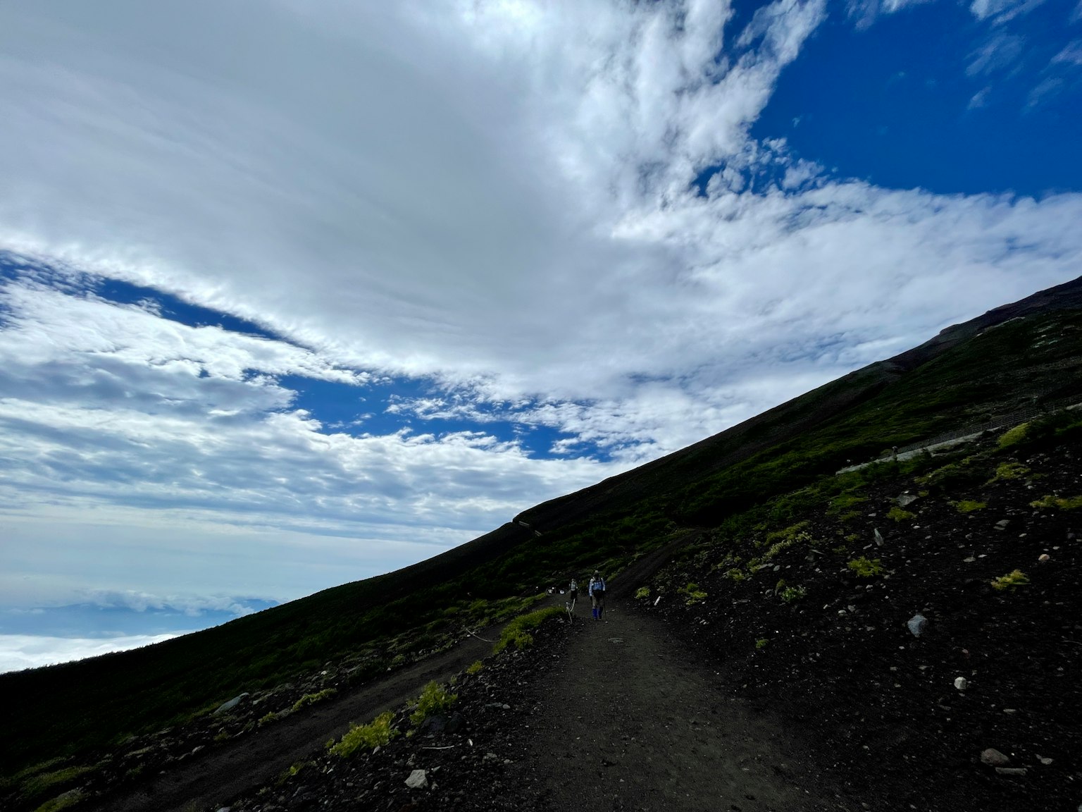 Sentier de montagne pittoresque avec ciel bleu et nuages pente verte et terrain rocheux