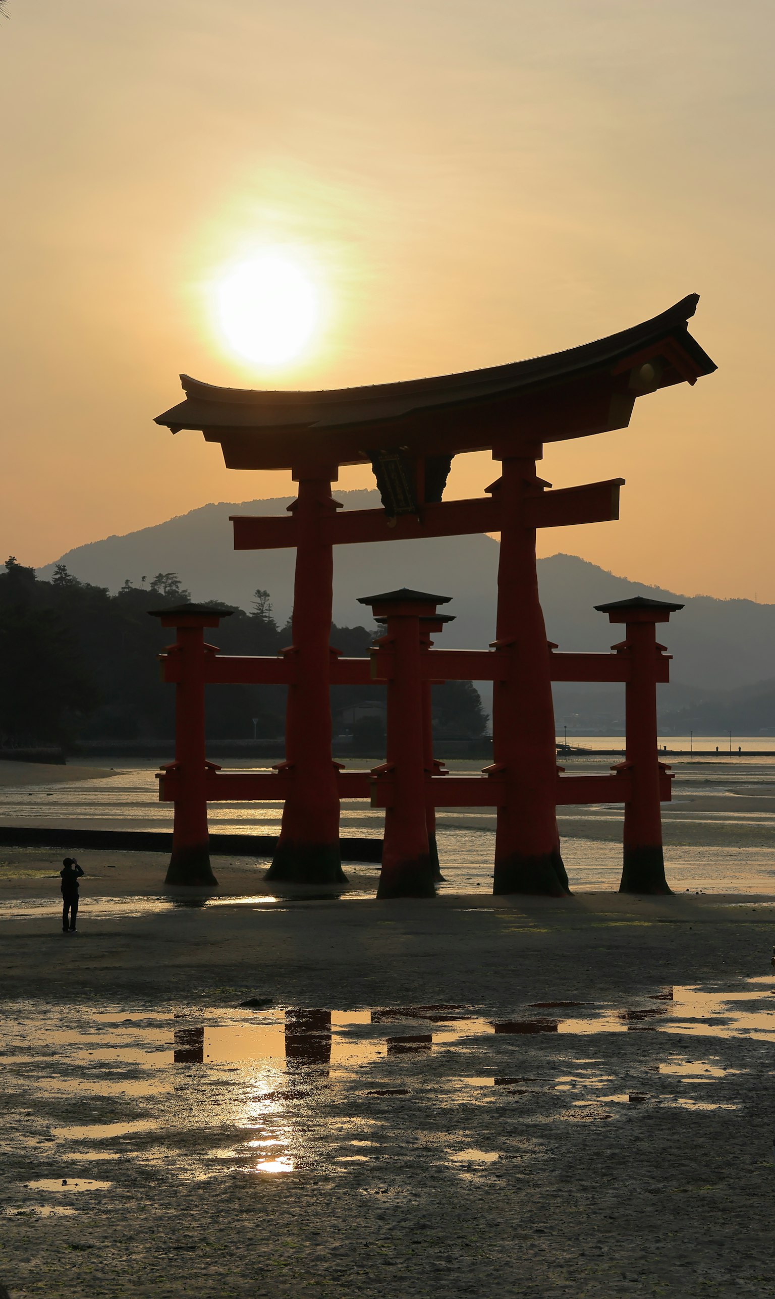 Red torii gate silhouetted against the sunset over the sea