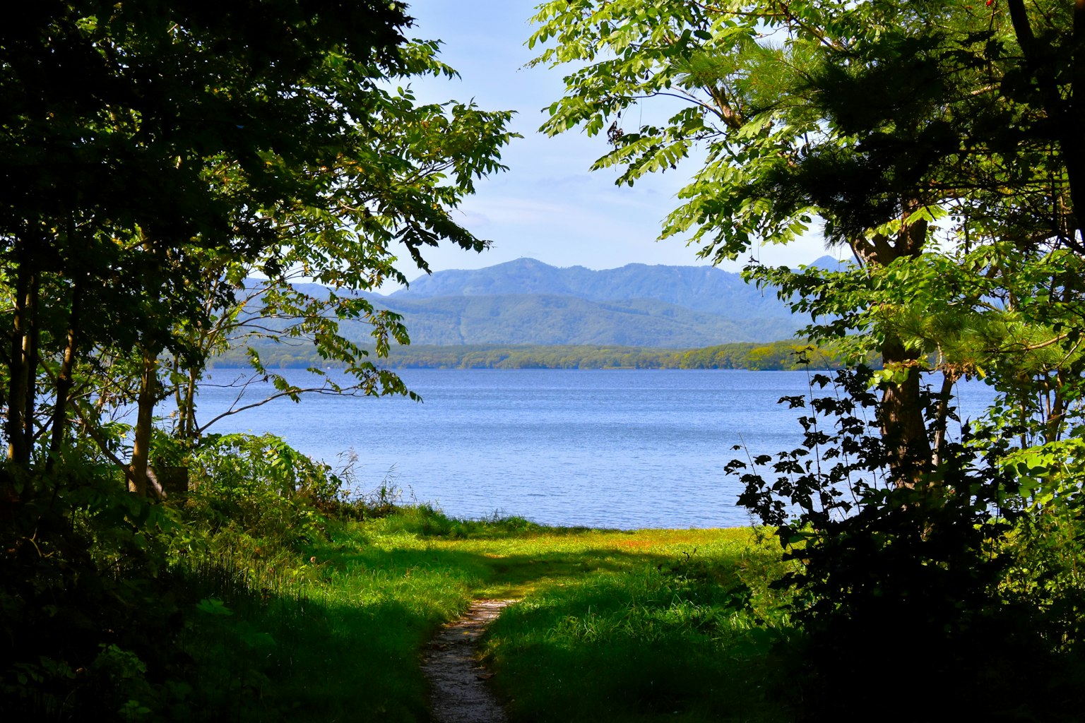 通向湖泊和背景山脉的小路风景