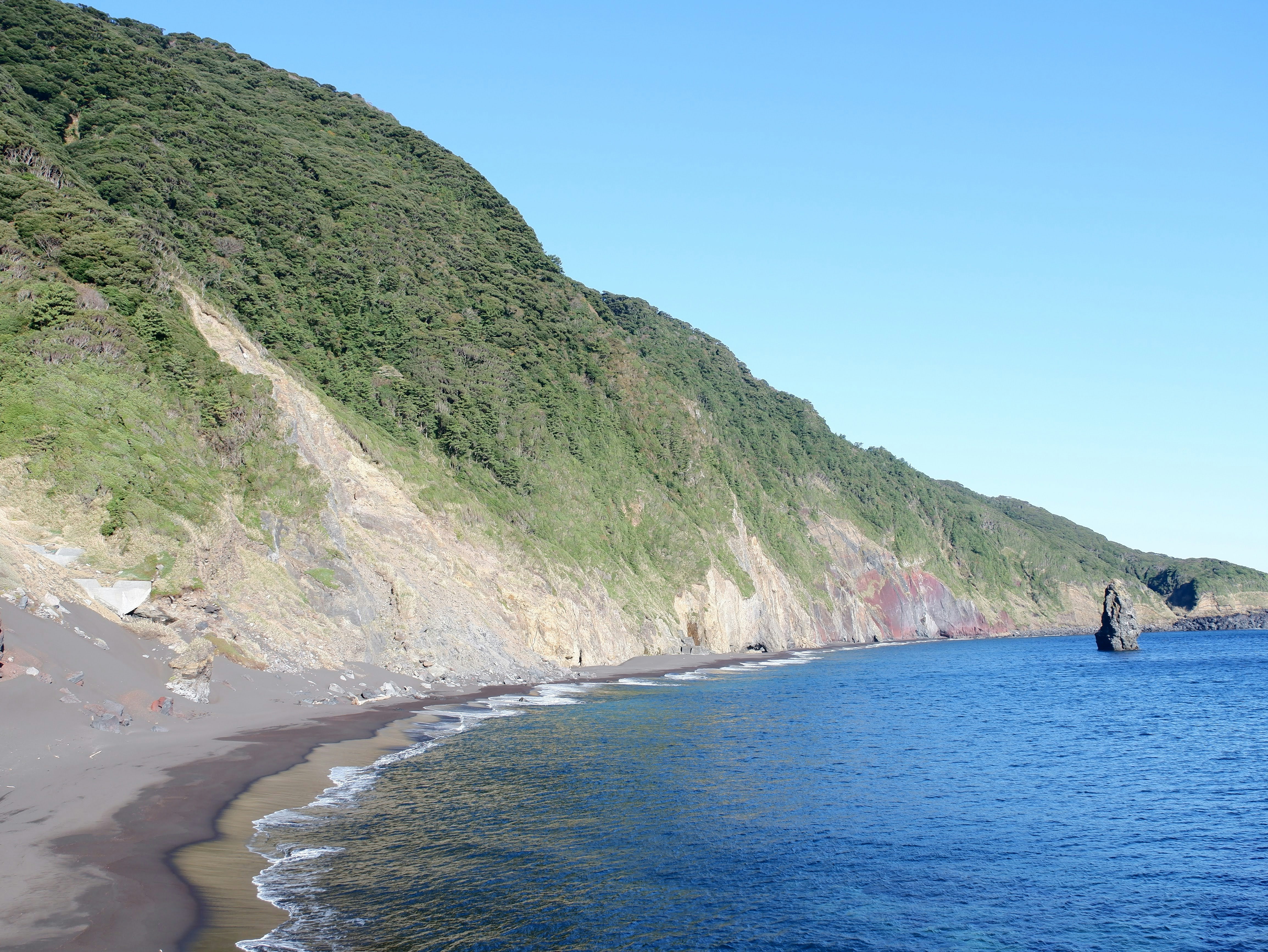 緑の丘に囲まれた海岸の波打ち際の風景