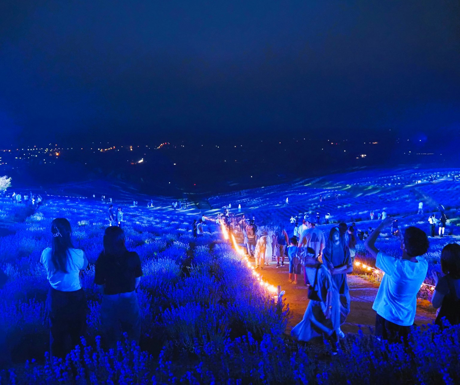 เงาของผู้คนที่ยืนอยู่ในภูมิทัศน์ที่มีแสงสีน้ำเงินสนุกกับทิวทัศน์ที่สวยงามใต้ท้องฟ้ายามค่ำคืน