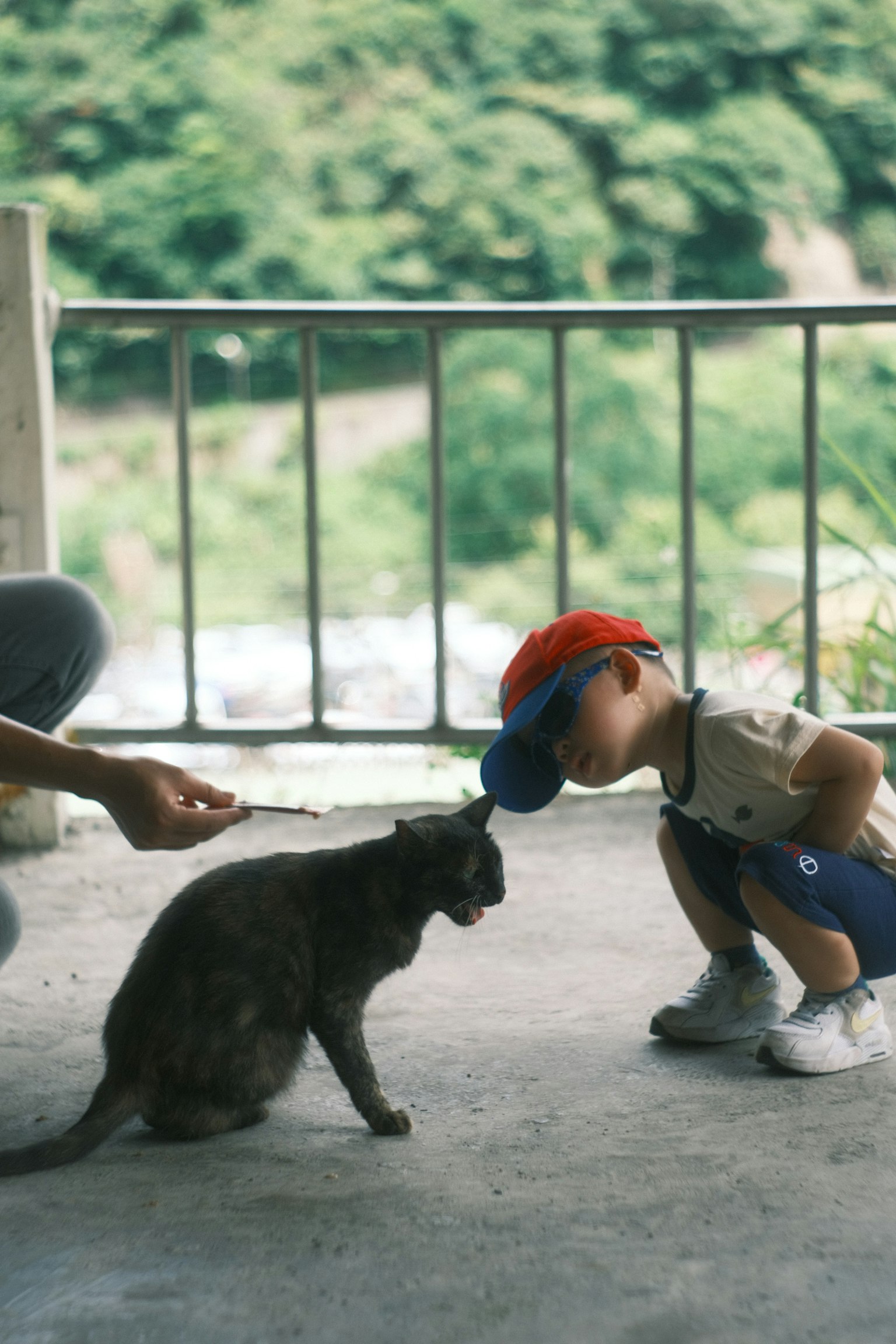 Ein Kind beugt sich zu einer Katze mit einer Hand, die Futter anbietet im Hintergrund üppiges Grün