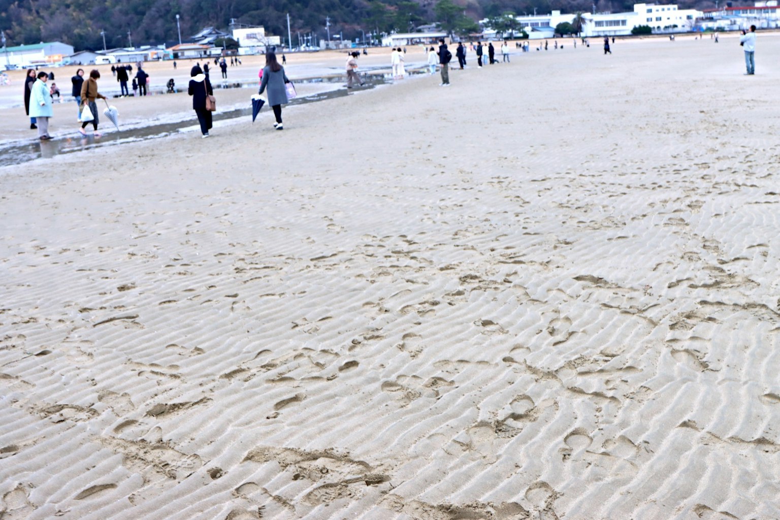 Beach scene with people walking on sandy shore and wave patterns