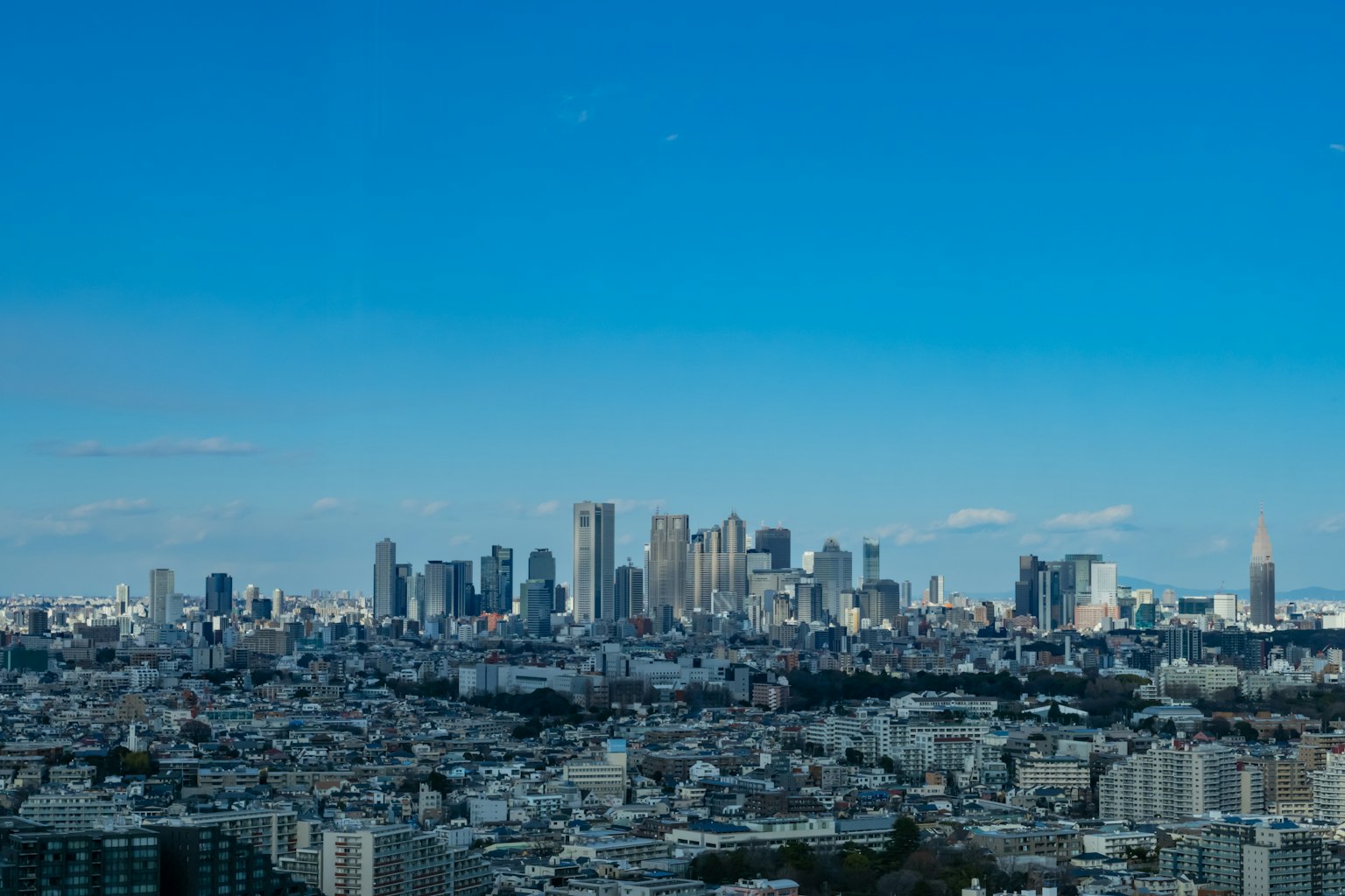 Tokyo skyline featuring skyscrapers and clear blue sky