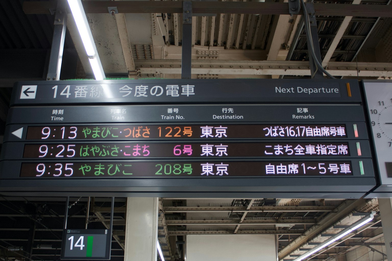 Digital board showing train schedule to Tokyo