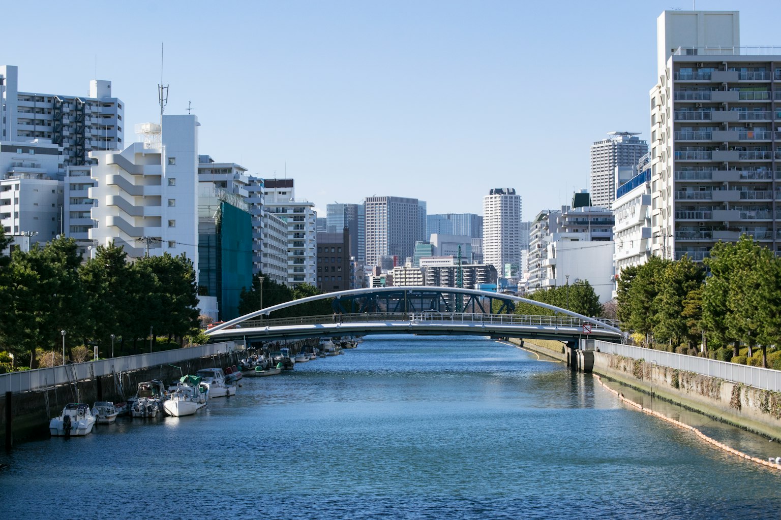 Urban landscape featuring a river and a bridge