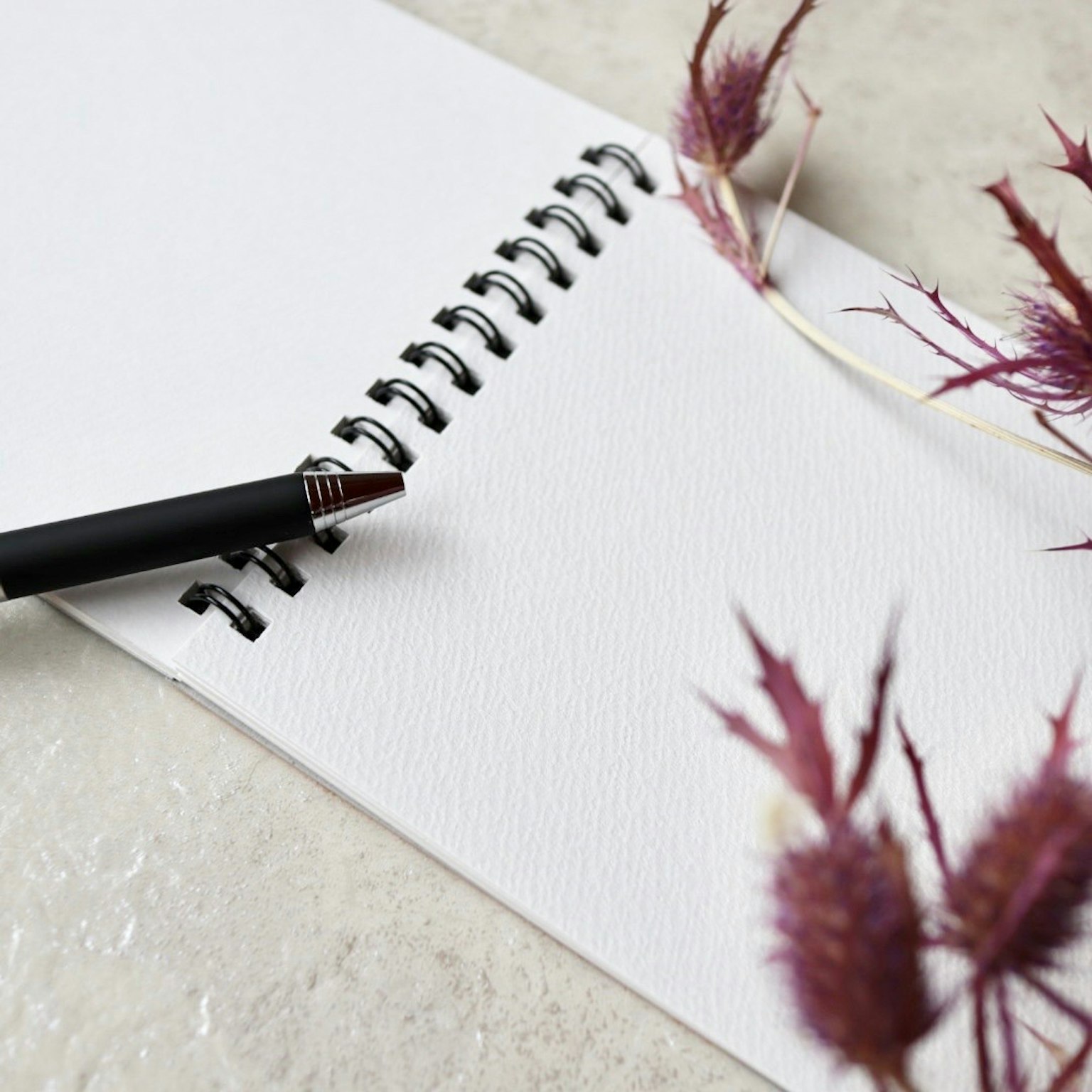 Un'immagine dal design semplice con un quaderno bianco e una penna nera