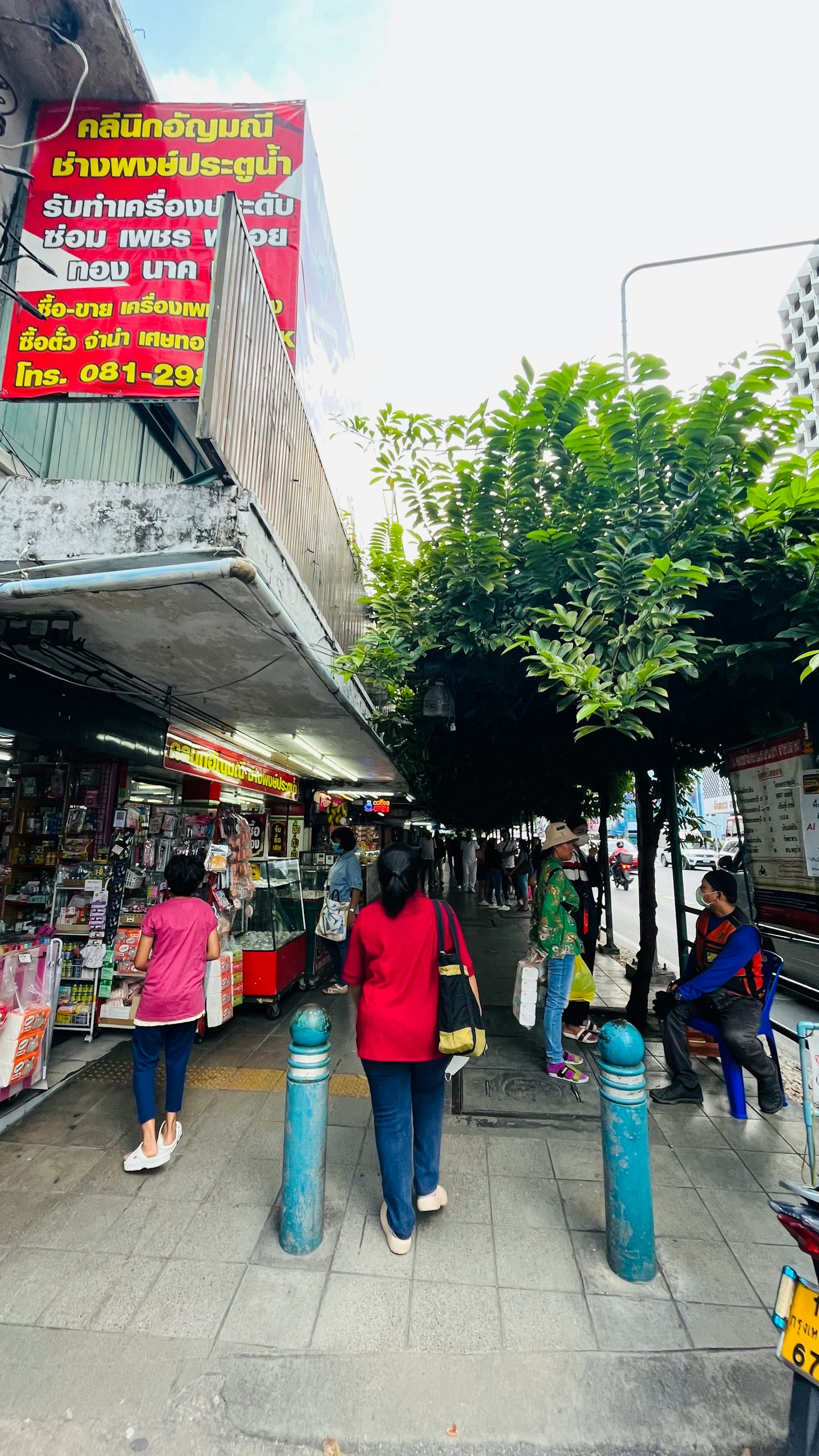 繁忙街道上行走的人和沿途茂盛的绿树
