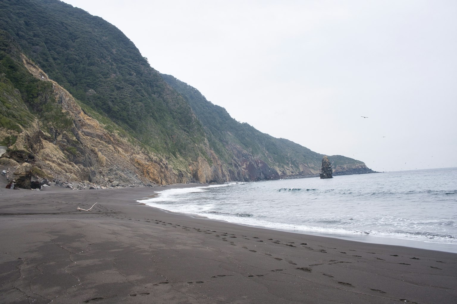 Pemandangan pantai yang tenang dengan garis pantai dan pegunungan