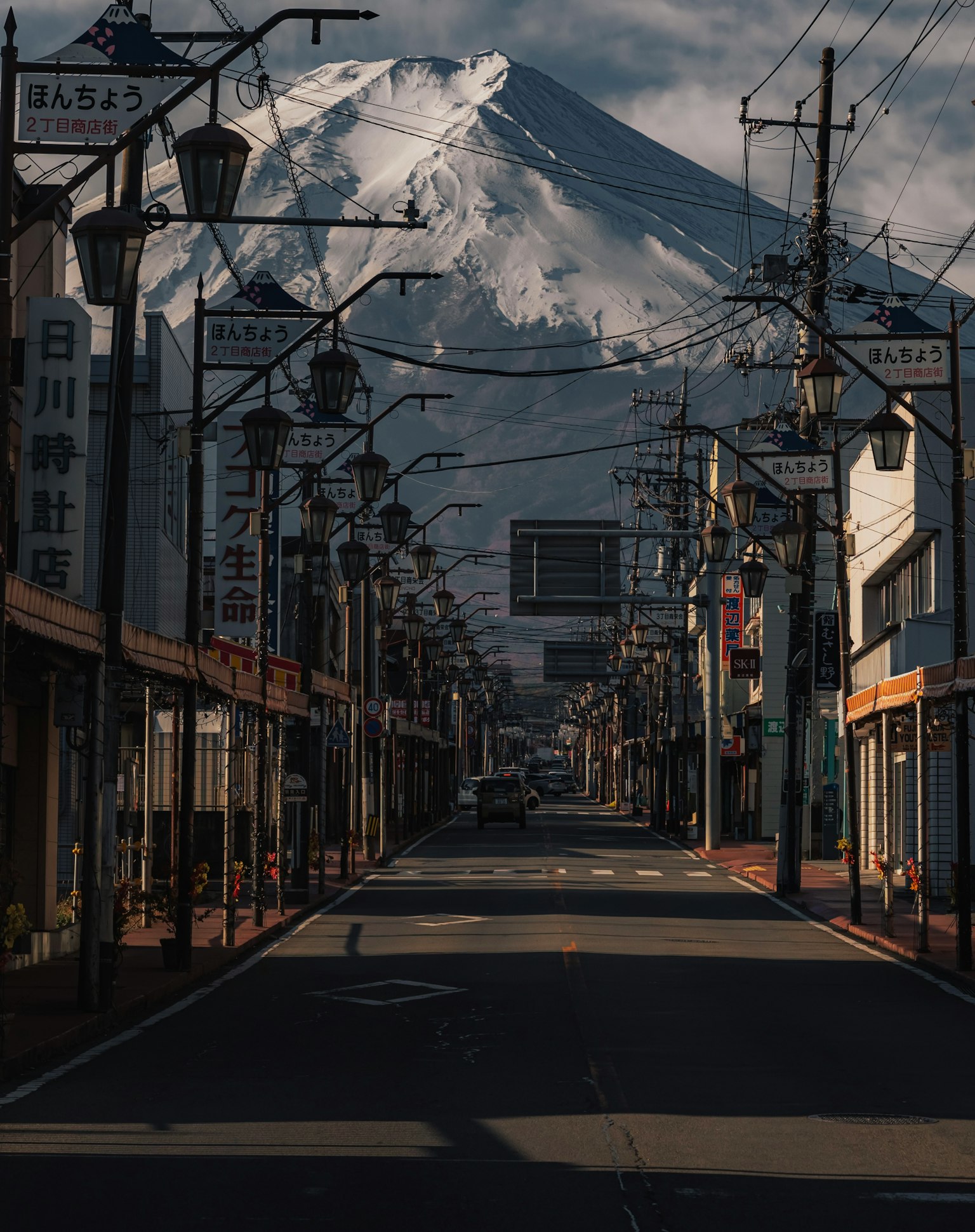 Quiet street view with Mount Fuji in the background