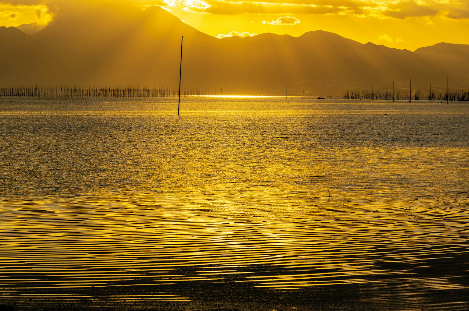Atardecer dorado reflejándose en una superficie de agua tranquila