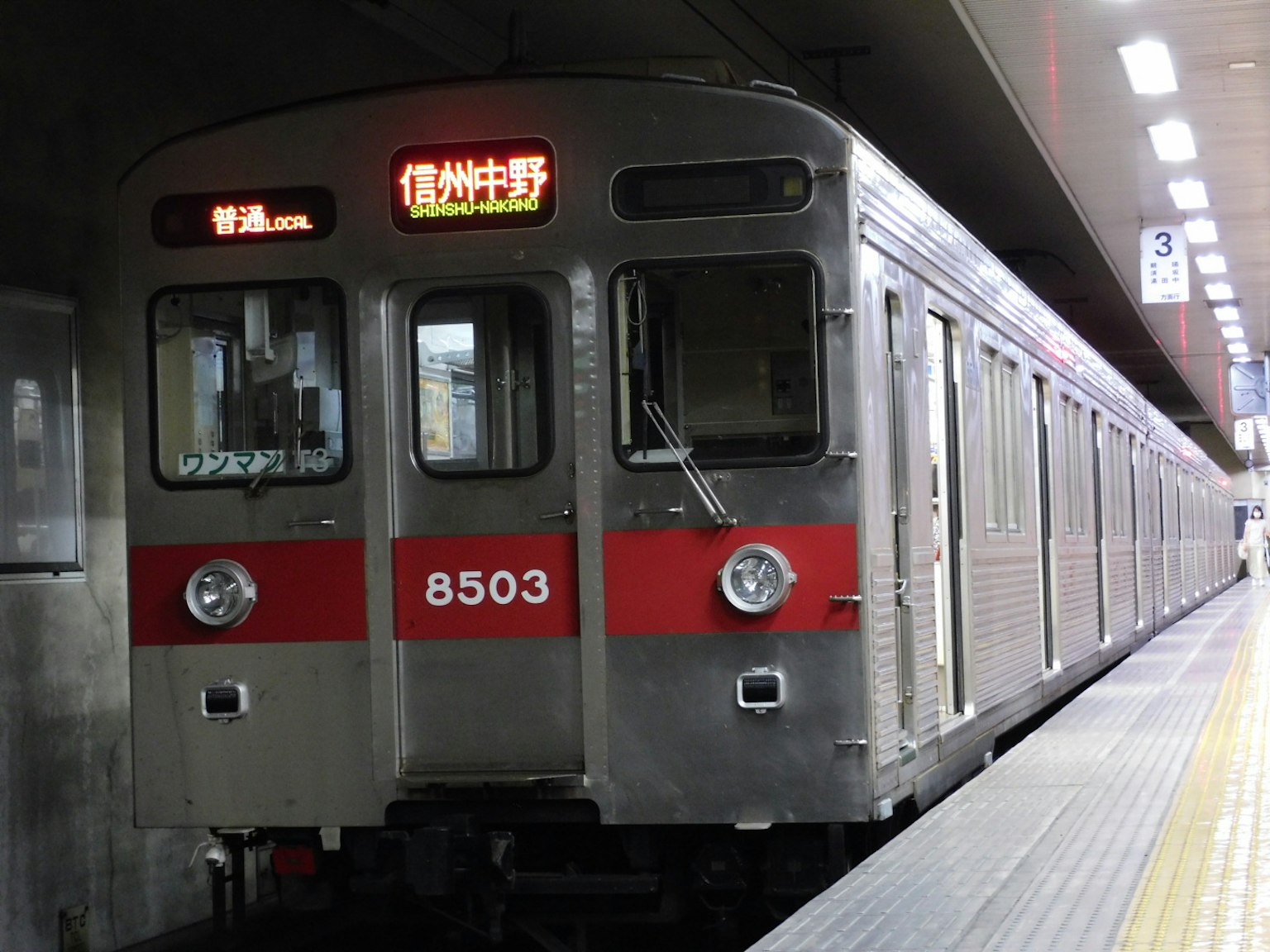 Treno argento numero 8503 con strisce rosse alla stazione